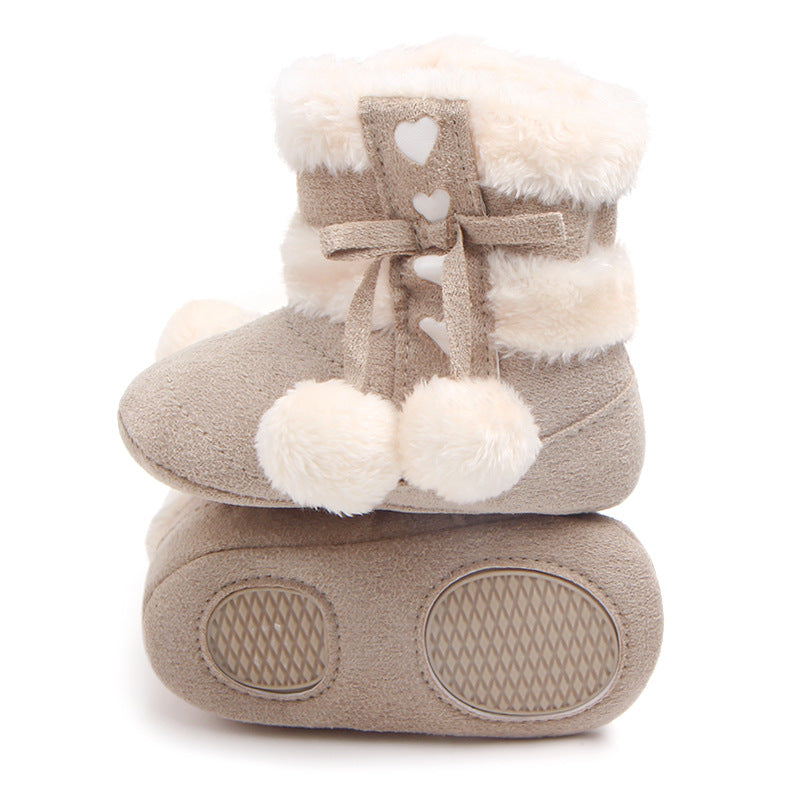 HEART PRINT POM POM APPLIQUE HIGH TOP BOOTIES - BEIGE