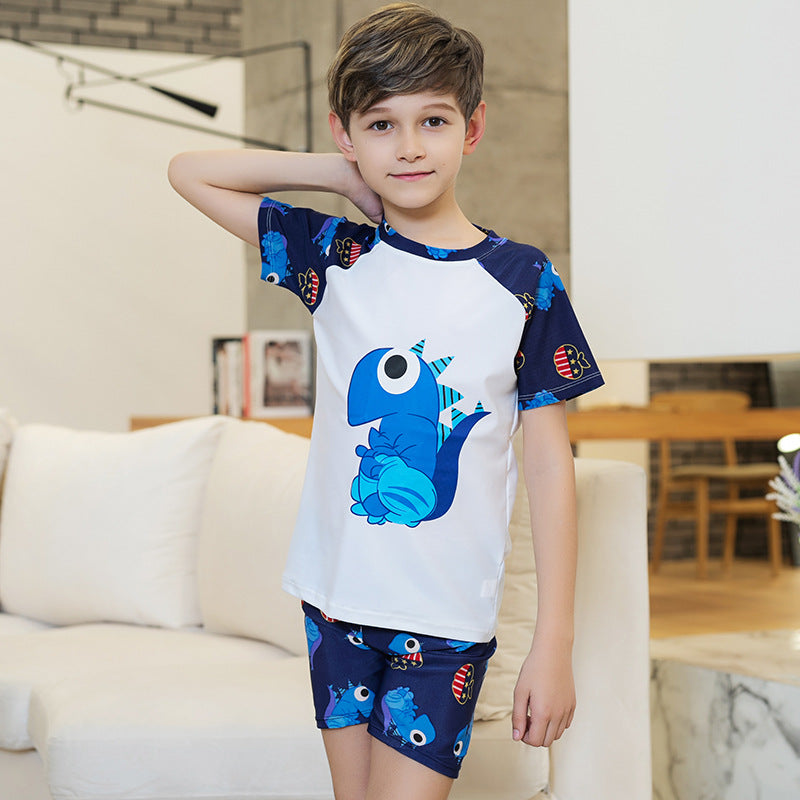 DINO PRINT 2 PIECE SWIMSUIT WITH CAP - WHITE & BLUE