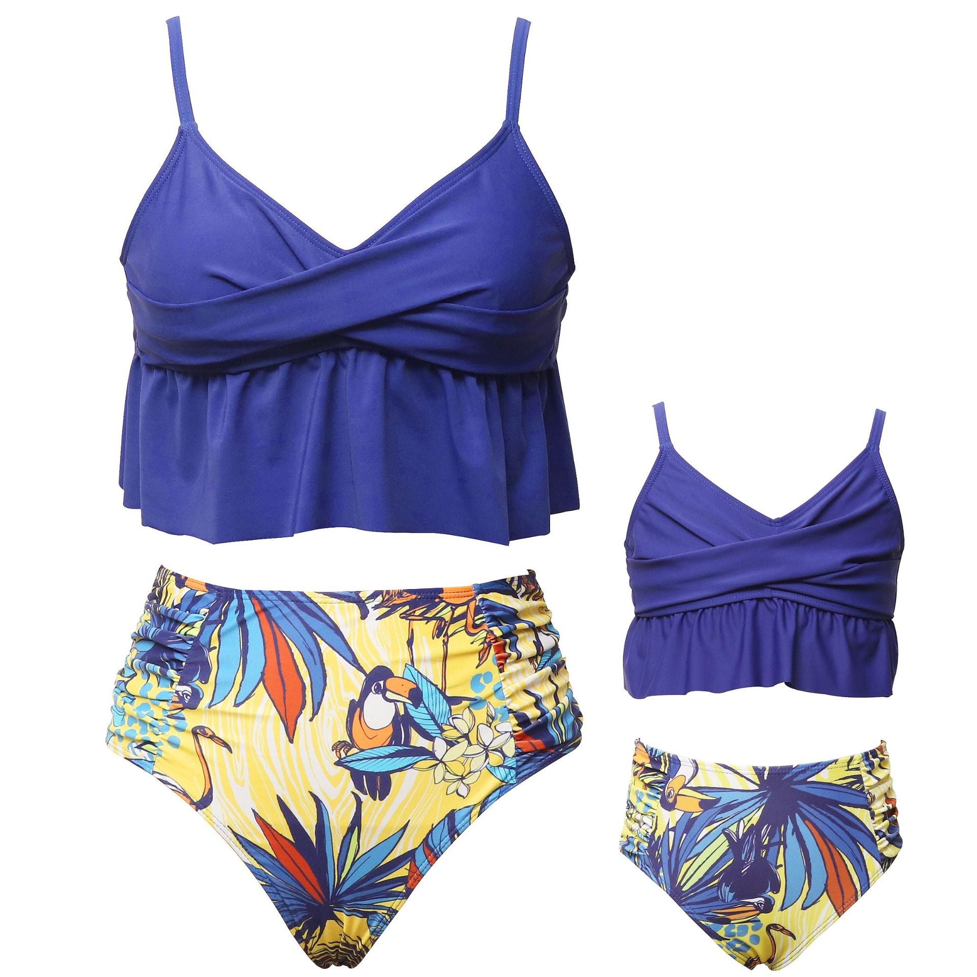 CRISS-CROSS LEAVES PRINTED 2 PIECE SWIMSUIT - BLUE