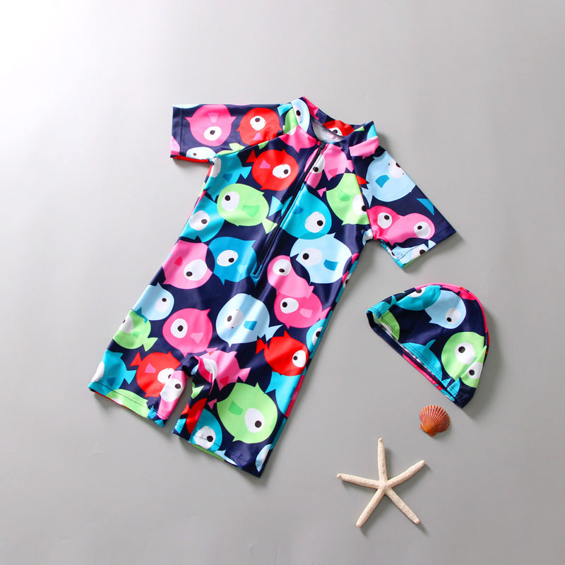 All Over Fish Printed Legged Swimsuit With Cap - Multicolor