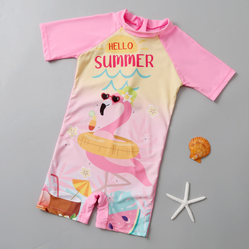 Flamingo Print Legged Swimsuit - Light Pink