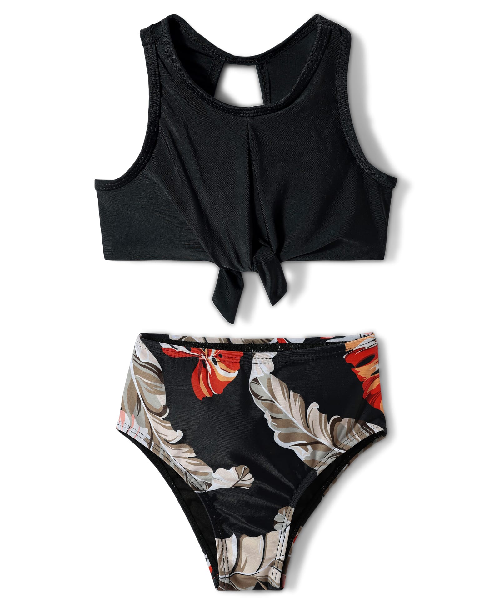 Knot Detailed Leaves Printed 2 Piece Swimsuit - Black