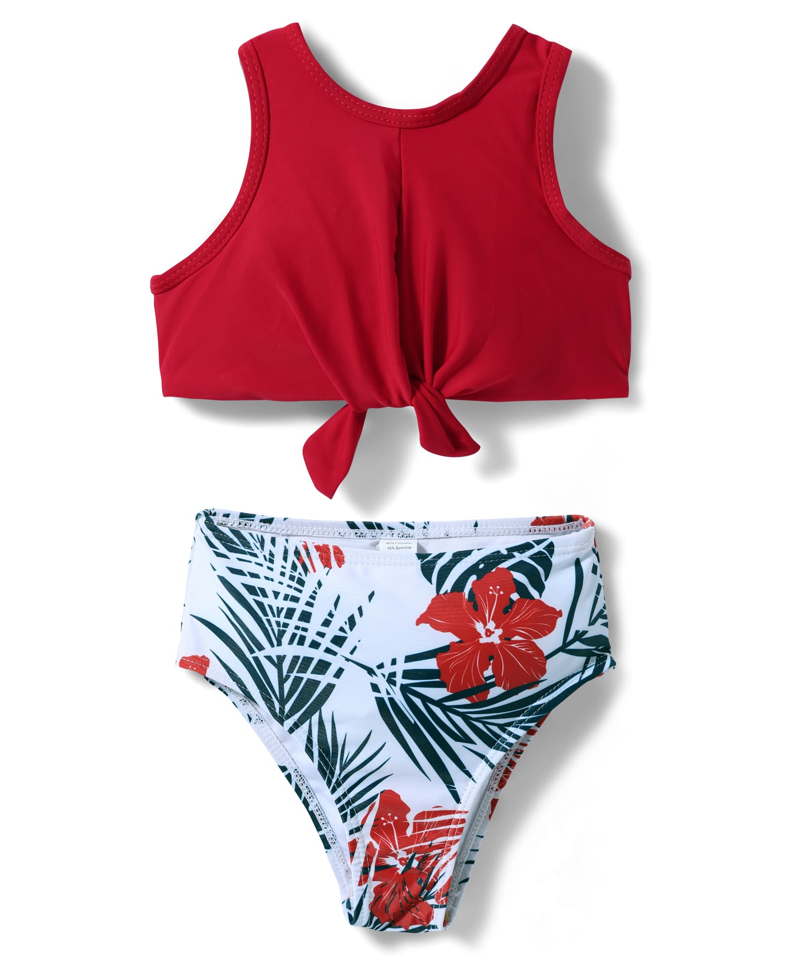 Knot Detailed Leaves Printed 2 Piece Swimsuit - Red