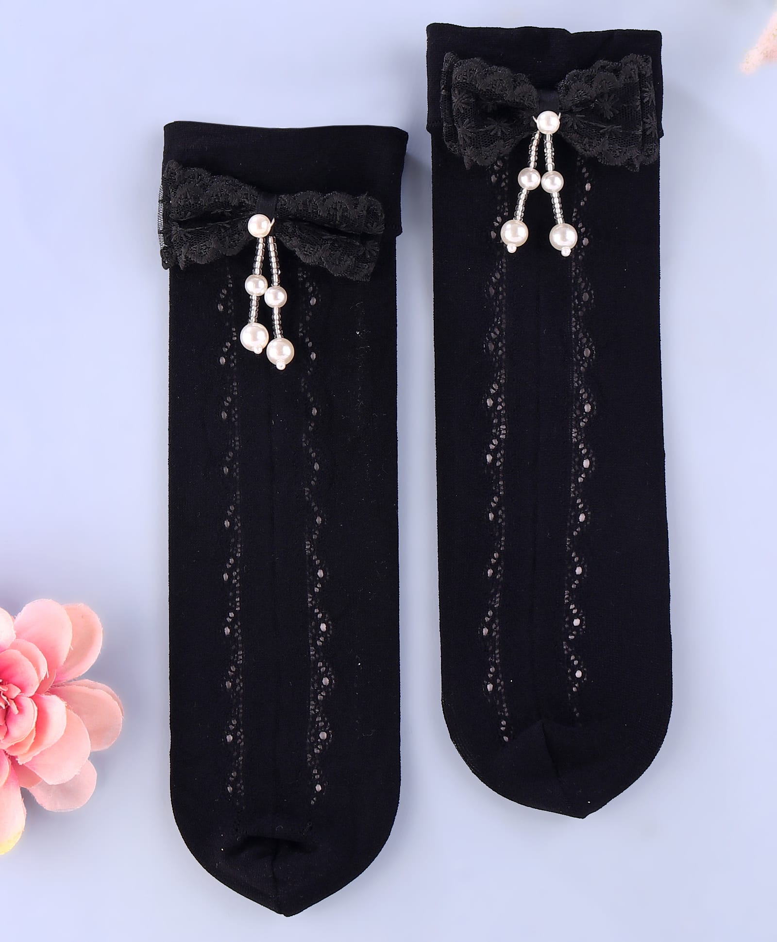 BOW & PEARL APPLIQUE KNEE LENGTH SOCKS