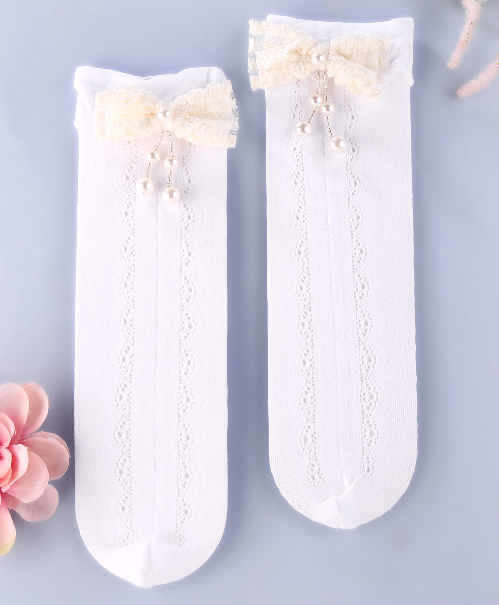BOW & PEARL APPLIQUE KNEE LENGTH SOCKS