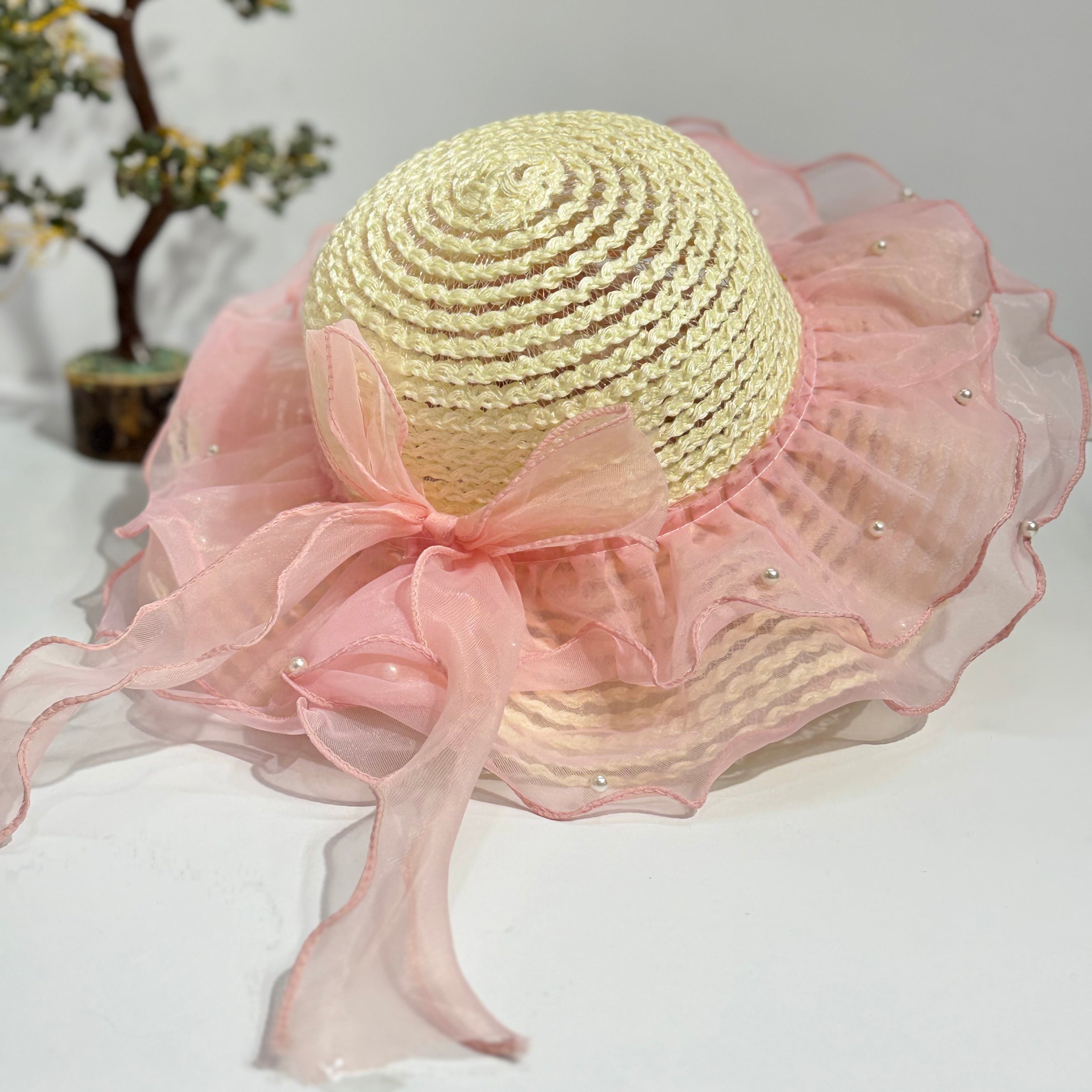 DOUBLE FRILL PEARL EMBEDDED SUMMER HAT