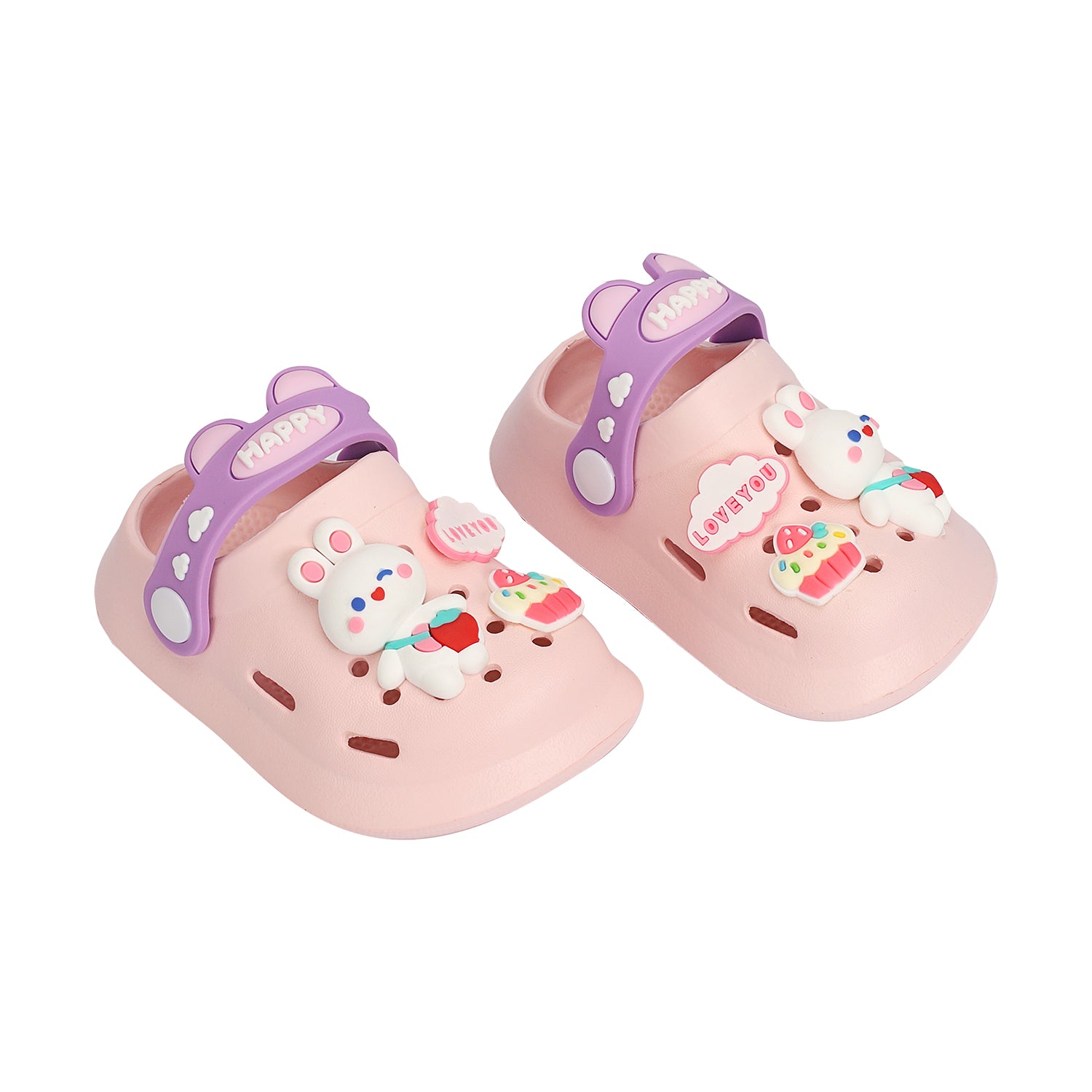 BUNNY RABBIT & CUP CAKE APPLIQUE CLOGS - LIGHT PINK