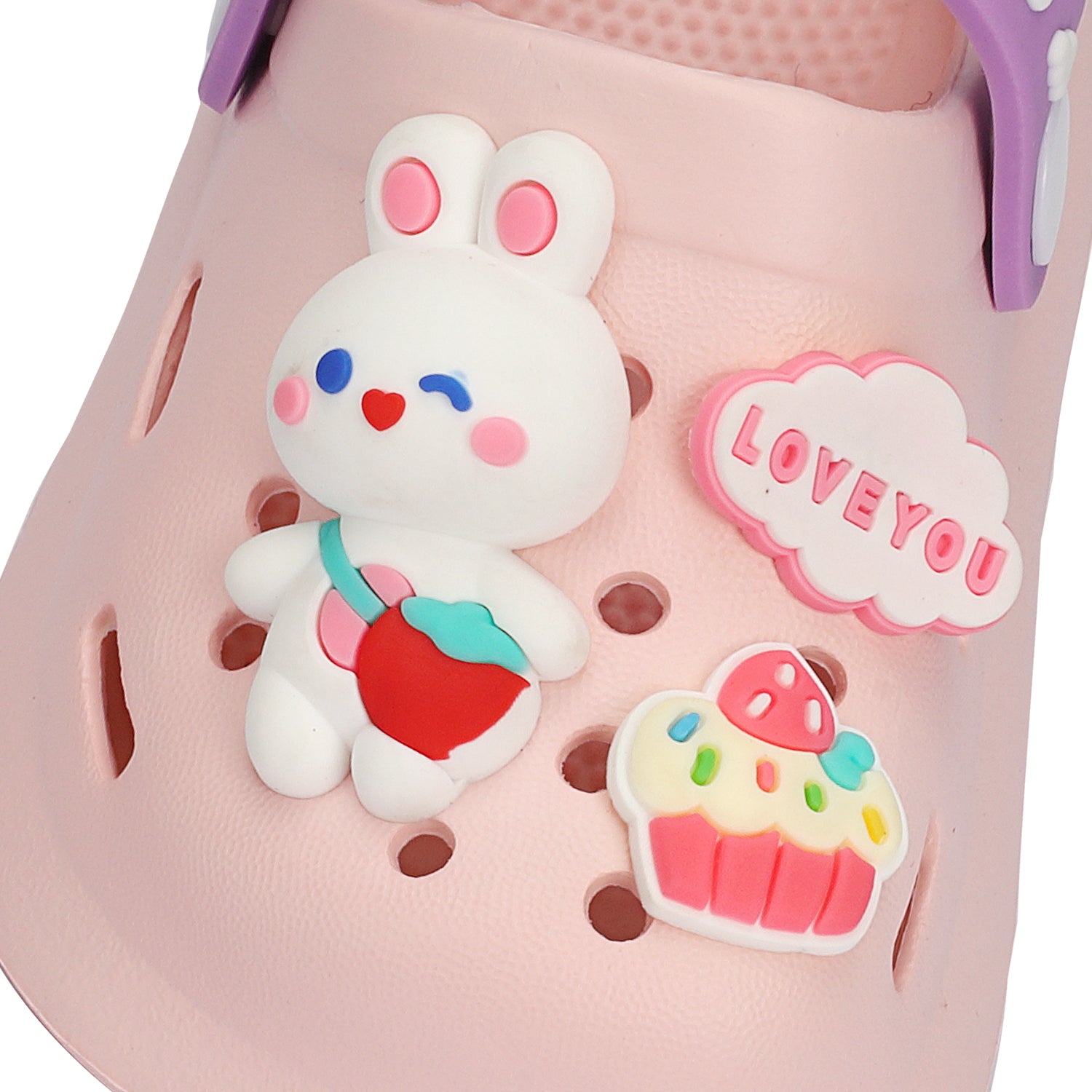 BUNNY RABBIT & CUP CAKE APPLIQUE CLOGS - LIGHT PINK