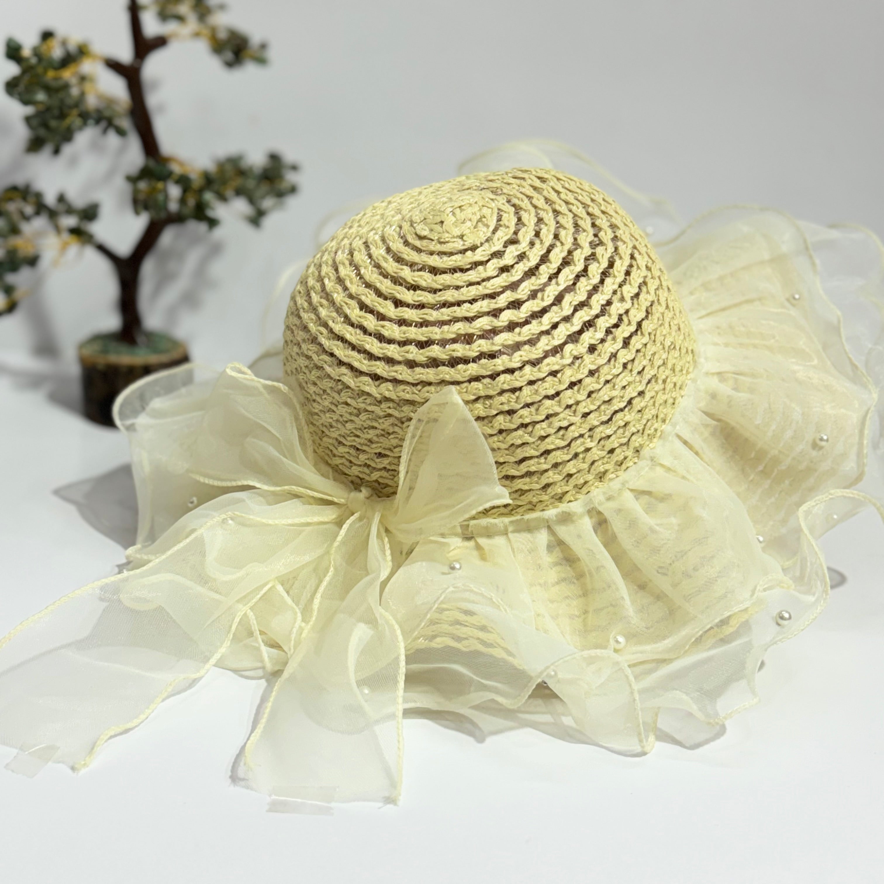 DOUBLE FRILL PEARL EMBEDDED SUMMER HAT