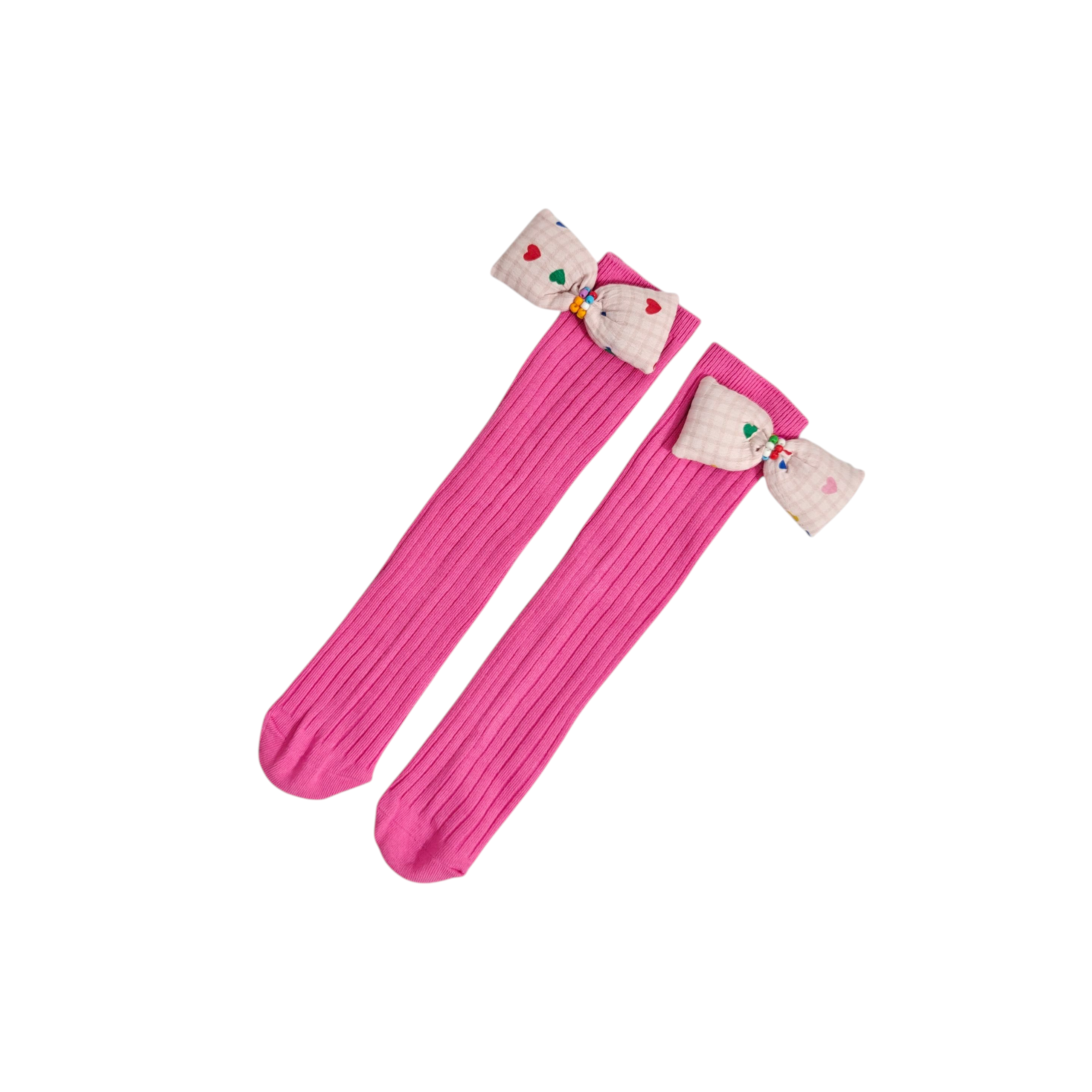 CHECKERED & HEART PRINTED BOW APPLIQUE FREE SIZE COTTON LONG SOCKS