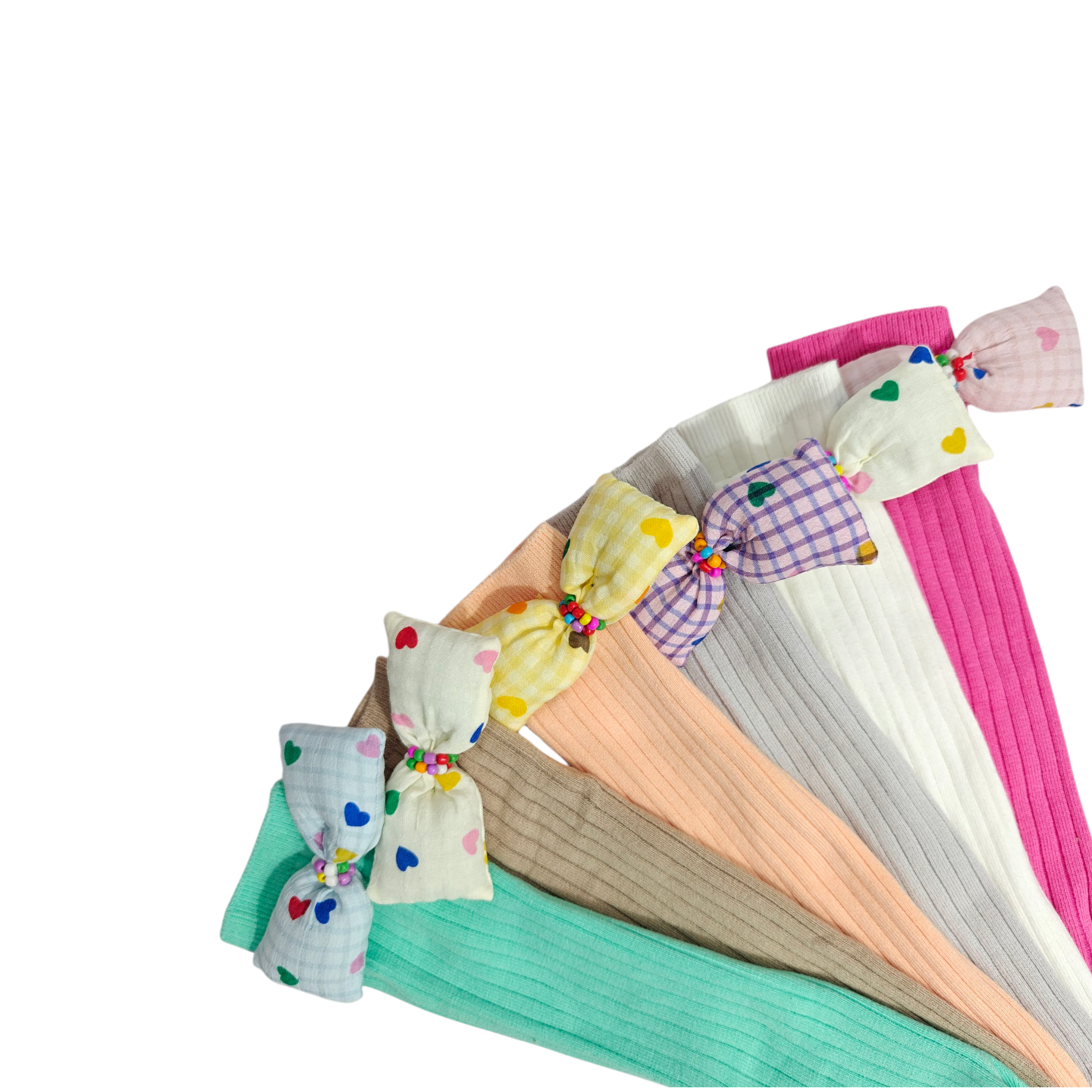 CHECKERED & HEART PRINTED BOW APPLIQUE FREE SIZE COTTON LONG SOCKS