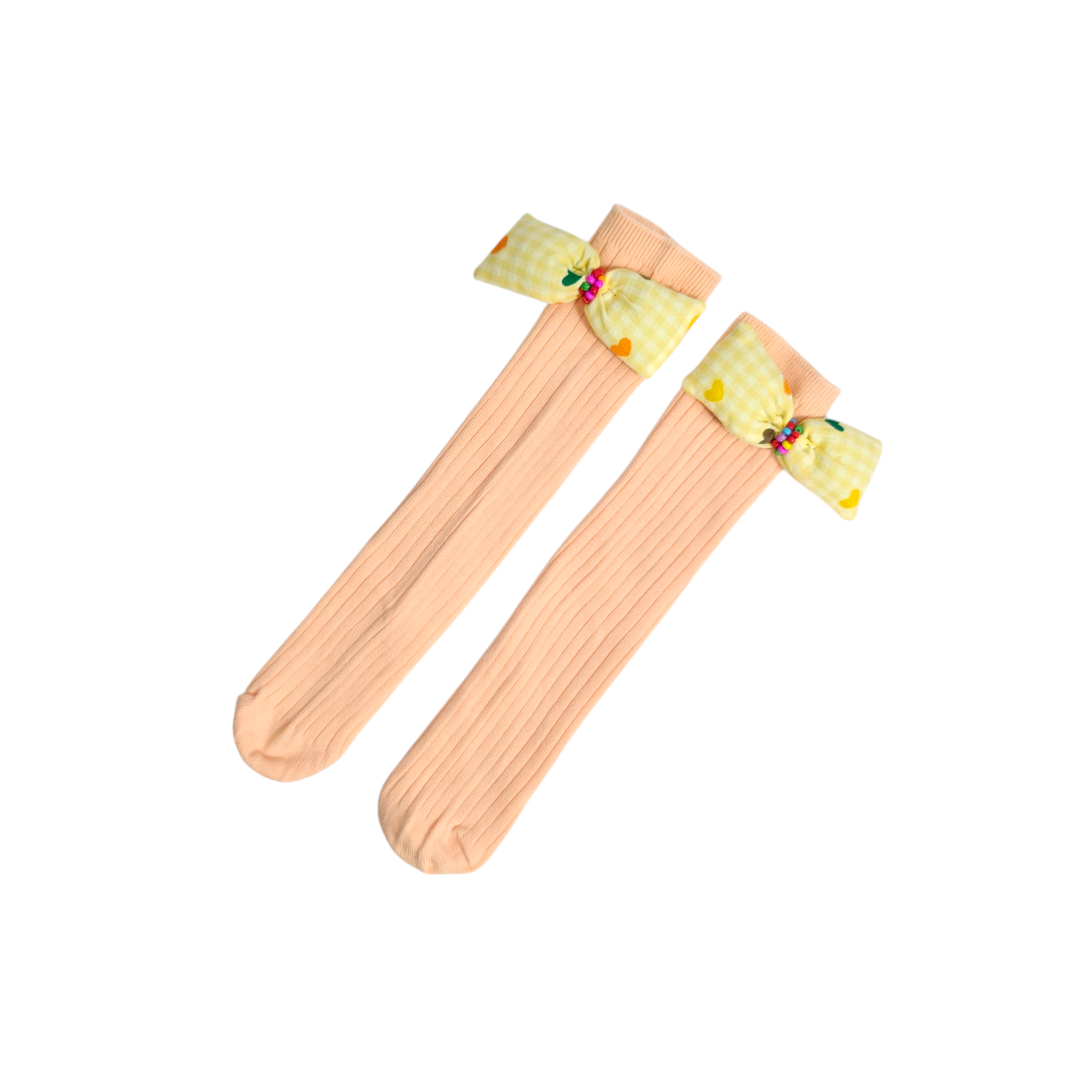 CHECKERED & HEART PRINTED BOW APPLIQUE FREE SIZE COTTON LONG SOCKS