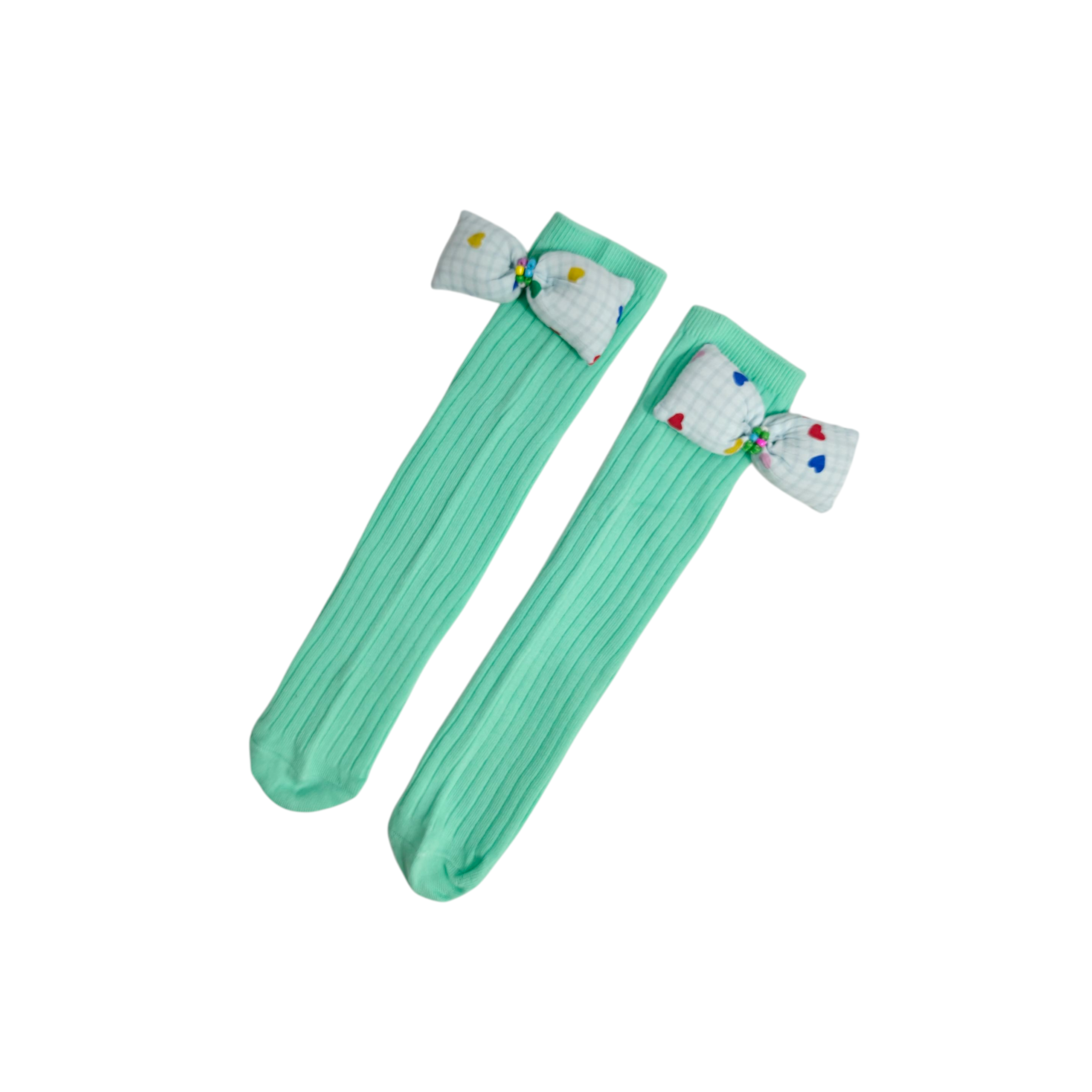 CHECKERED & HEART PRINTED BOW APPLIQUE FREE SIZE COTTON LONG SOCKS