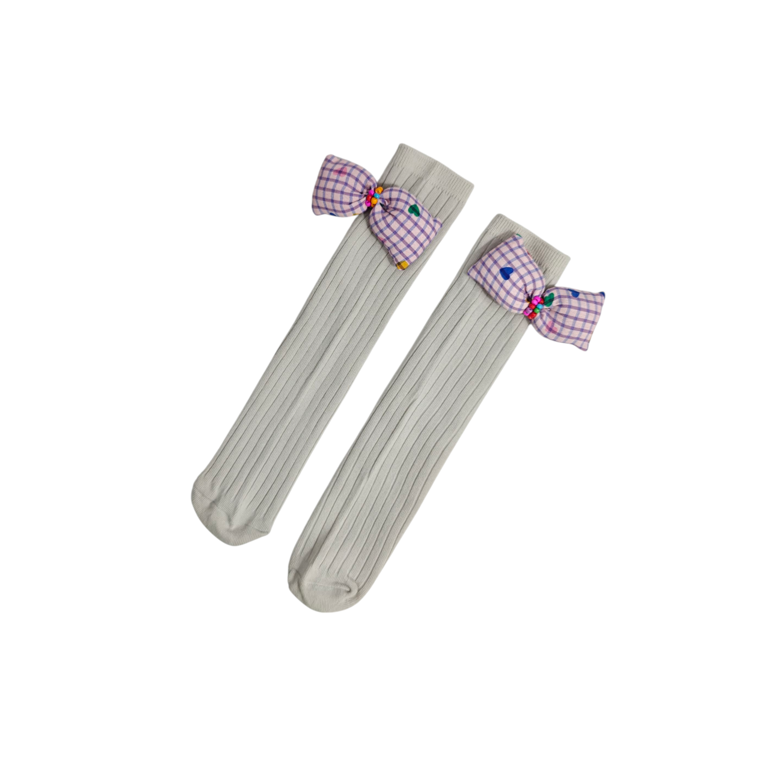 CHECKERED & HEART PRINTED BOW APPLIQUE FREE SIZE COTTON LONG SOCKS