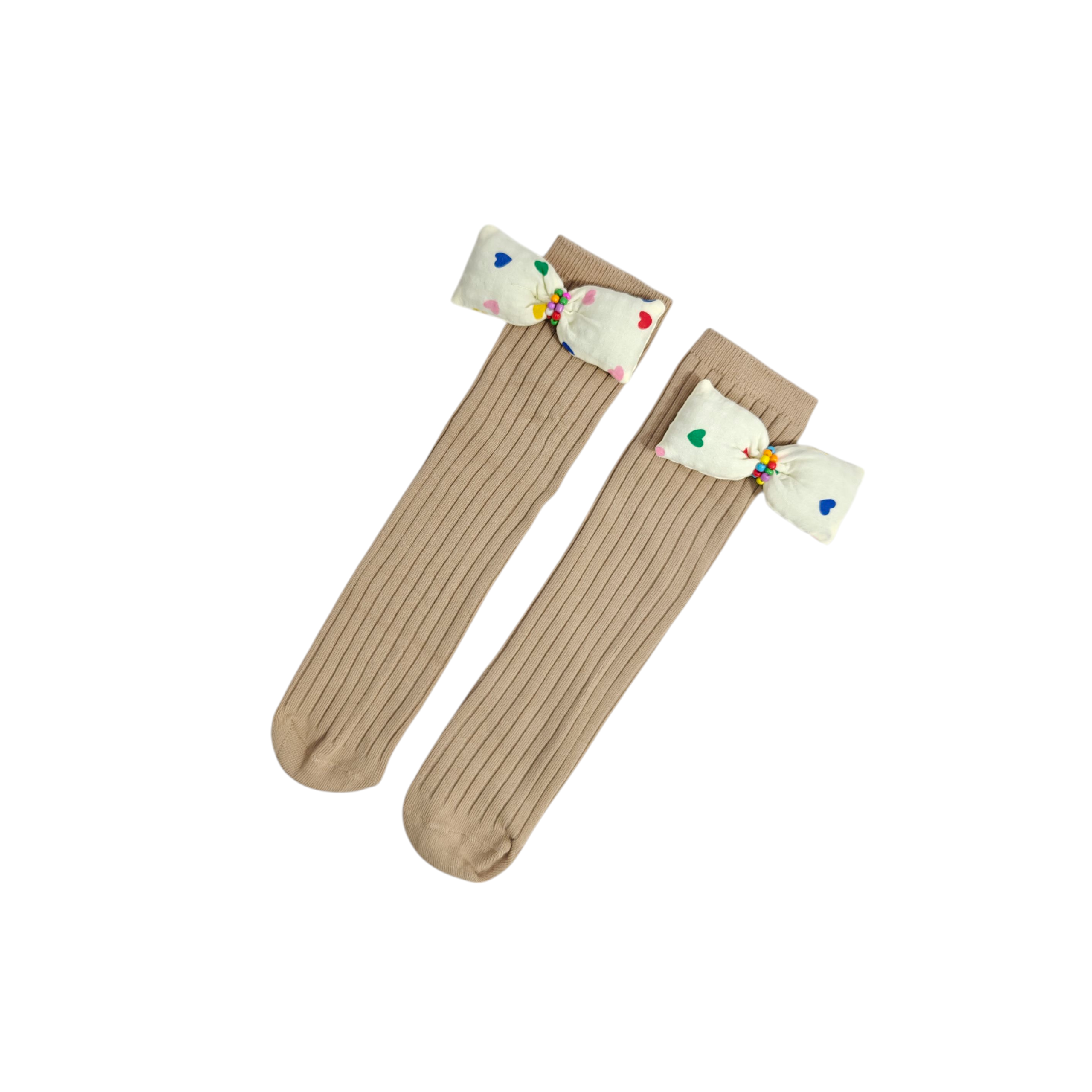 CHECKERED & HEART PRINTED BOW APPLIQUE FREE SIZE COTTON LONG SOCKS