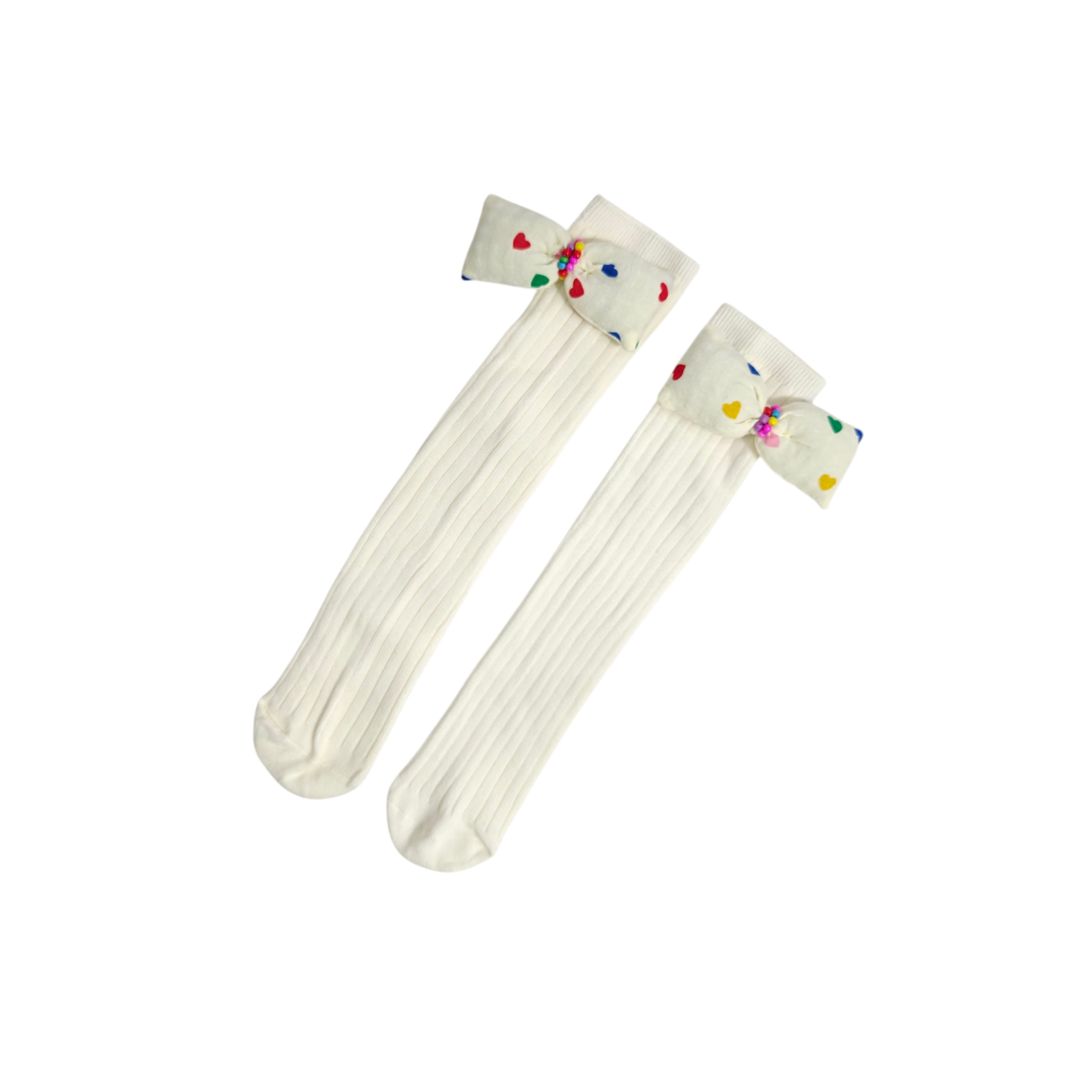 CHECKERED & HEART PRINTED BOW APPLIQUE FREE SIZE COTTON LONG SOCKS