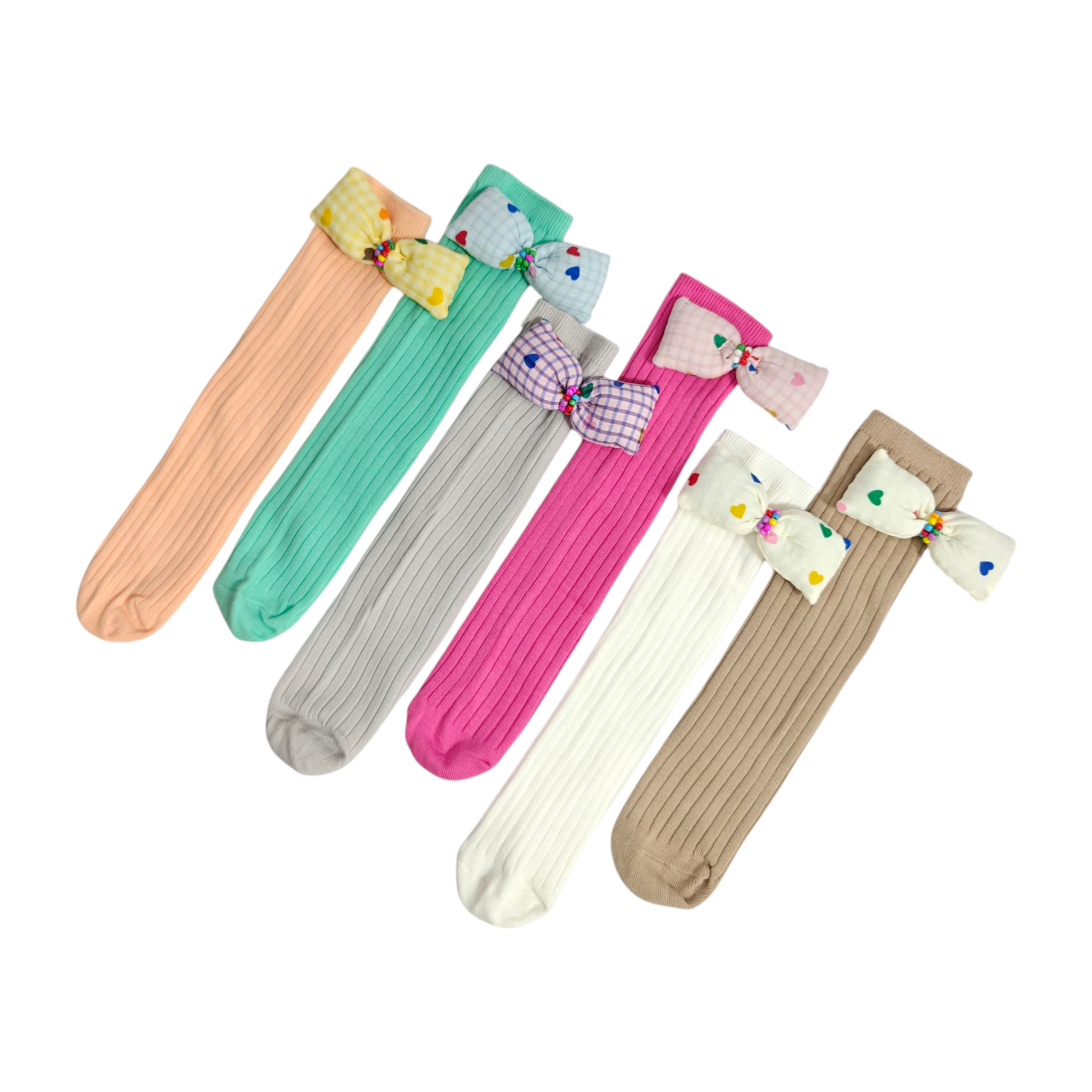 CHECKERED & HEART PRINTED BOW APPLIQUE FREE SIZE COTTON LONG SOCKS