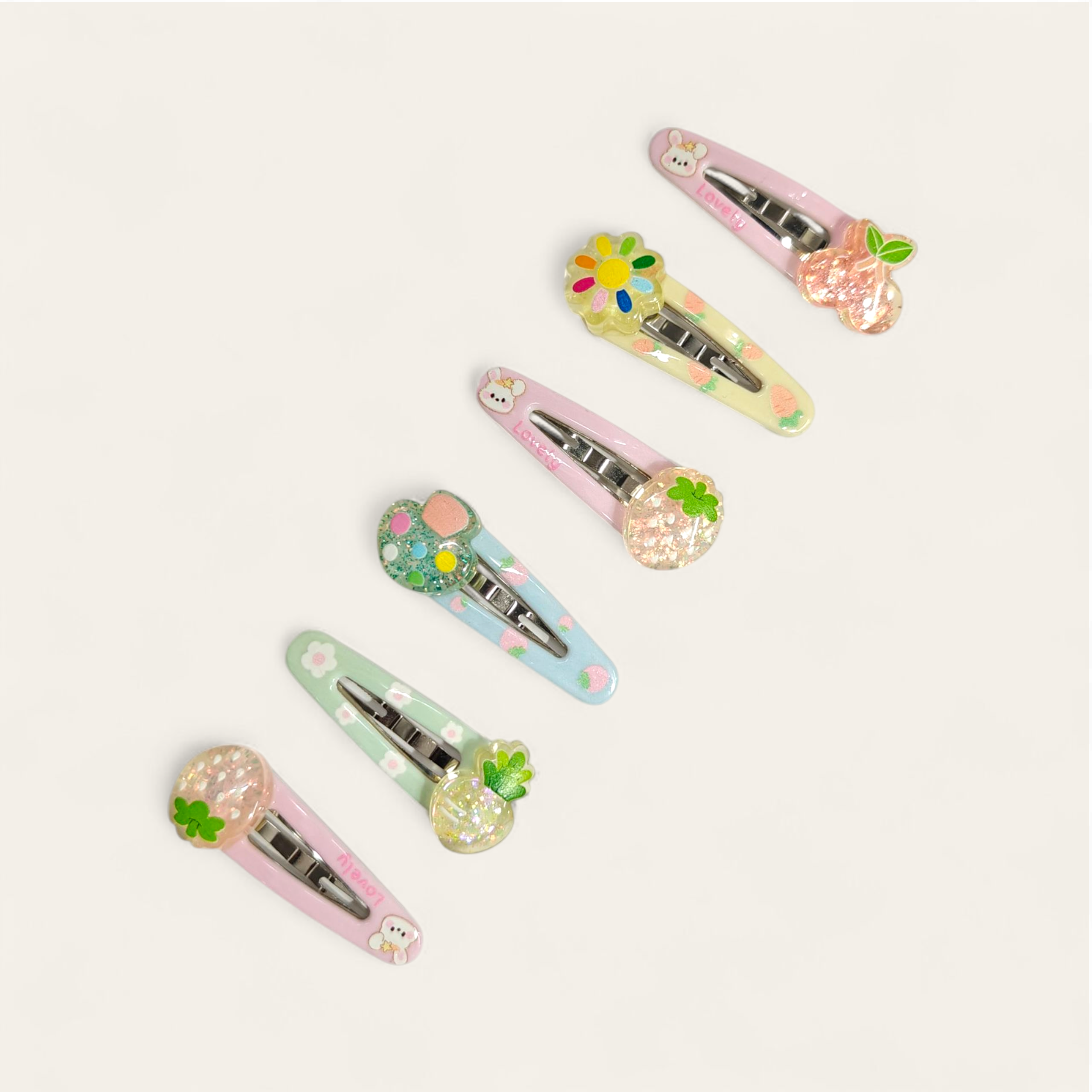 GLITTER DETAILED FRUIT APPLIQUE TIC TAC PINS PACK OF 6 - MULTI COLOR