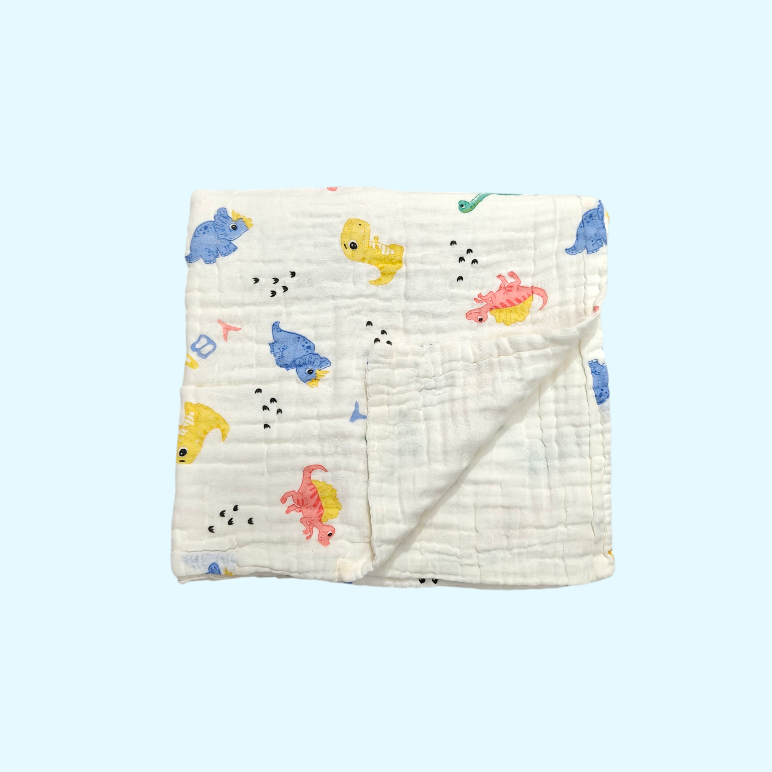 DINO PRINT DOUBLE LAYER MUSLIN TOWEL LARGE - WHITE & BLUE