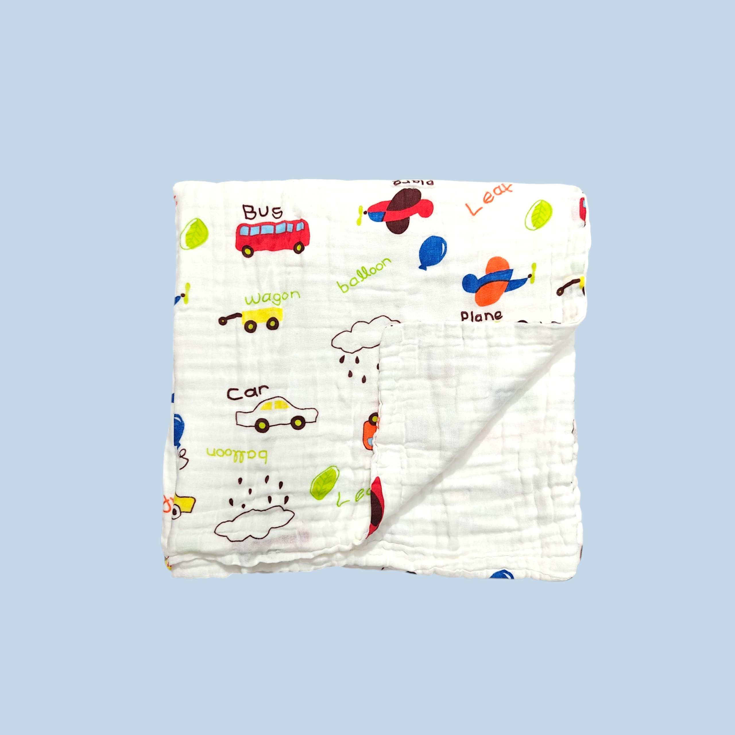 VEHICLES PRINT DOUBLE LAYER MUSLIN TOWEL LARGE - WHITE & RED