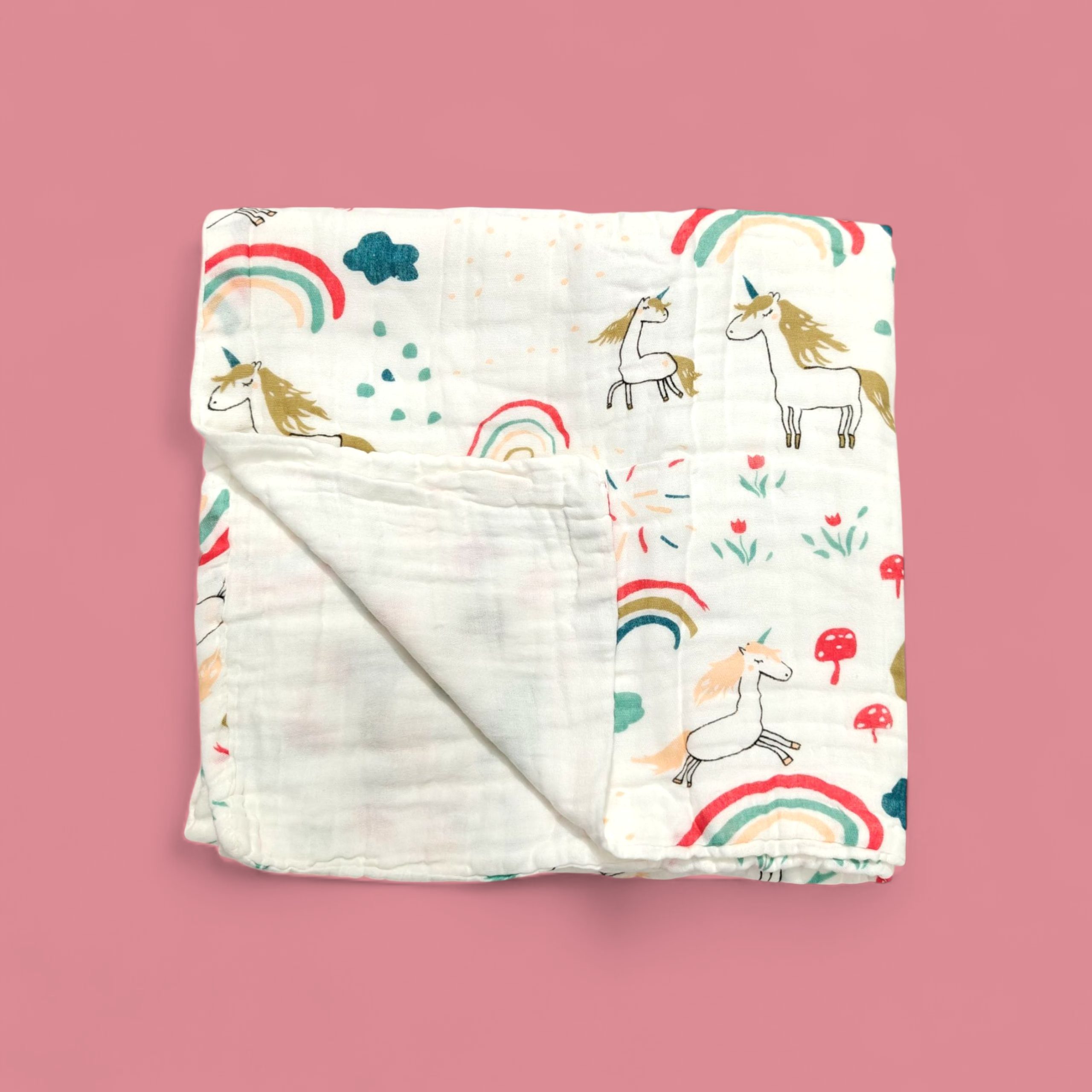 UNICORN & RAINBOW PRINT DOUBLE LAYER MUSLIN TOWEL LARGE - WHITE & GREEN