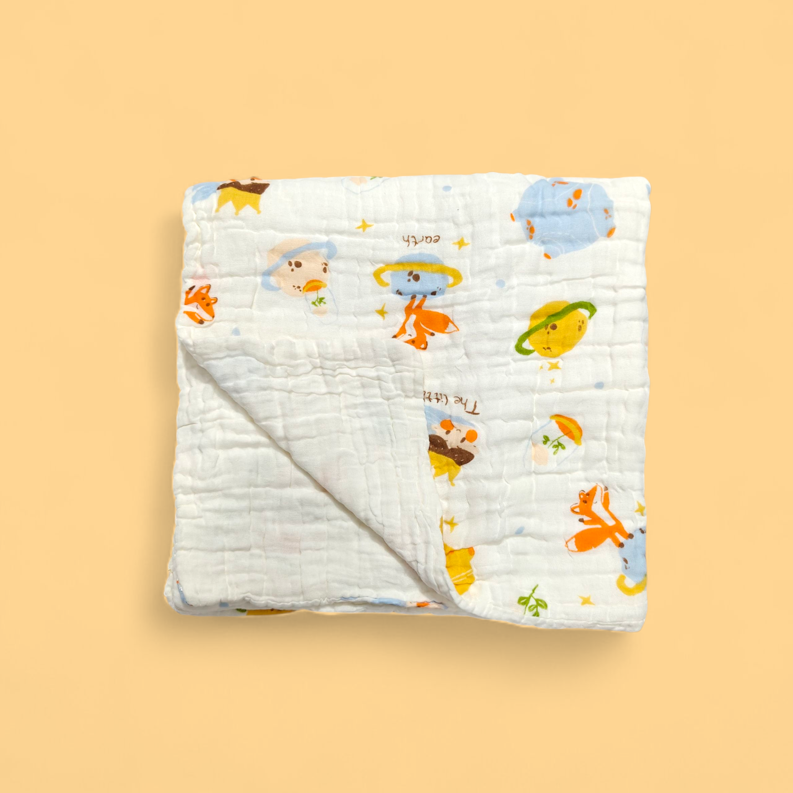 SPACE THEME DOUBLE LAYER MUSLIN TOWEL LARGE - WHITE & YELLOW