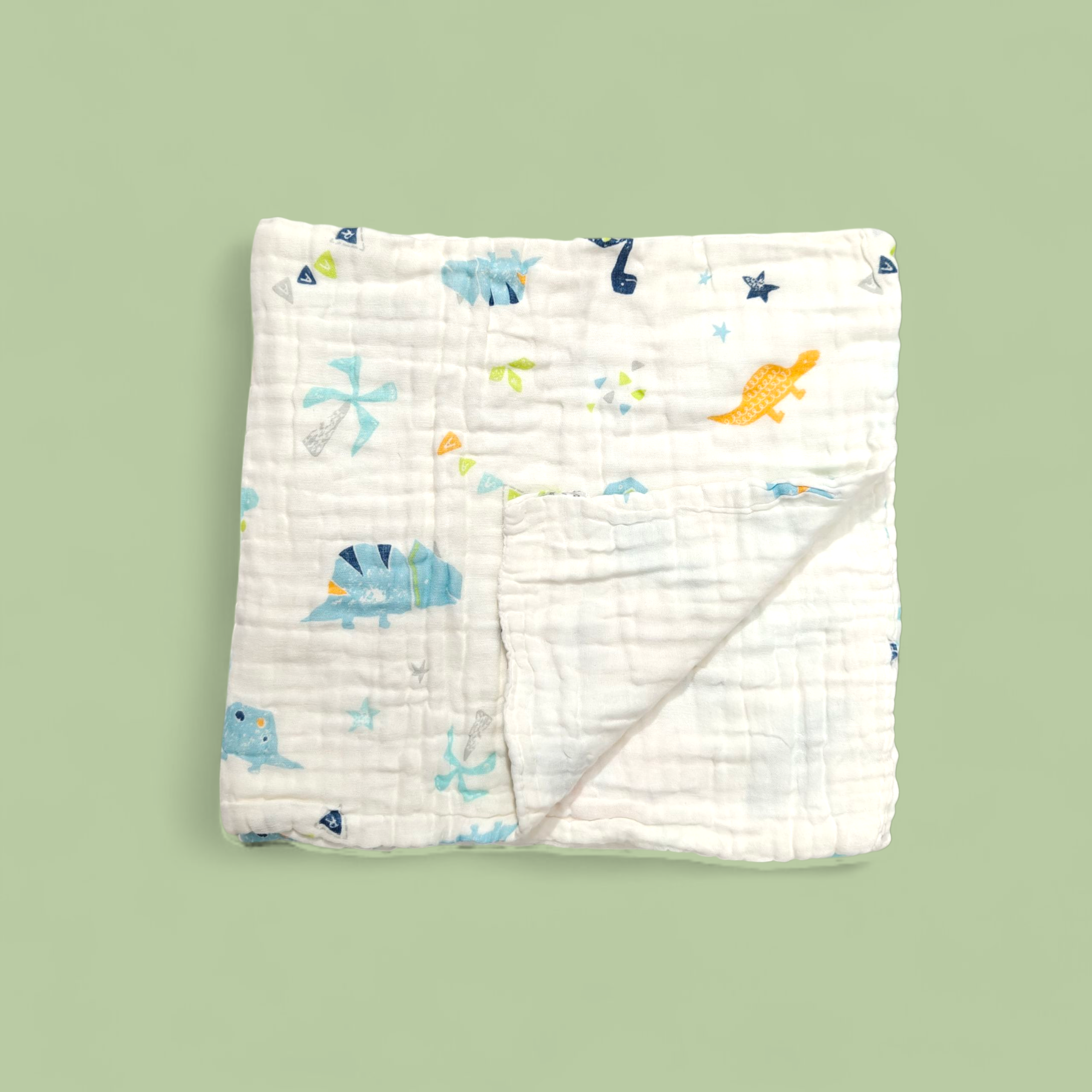 DINOSAUR PRINT DOUBLE LAYER MUSLIN TOWEL LARGE - WHITE & YELLOW
