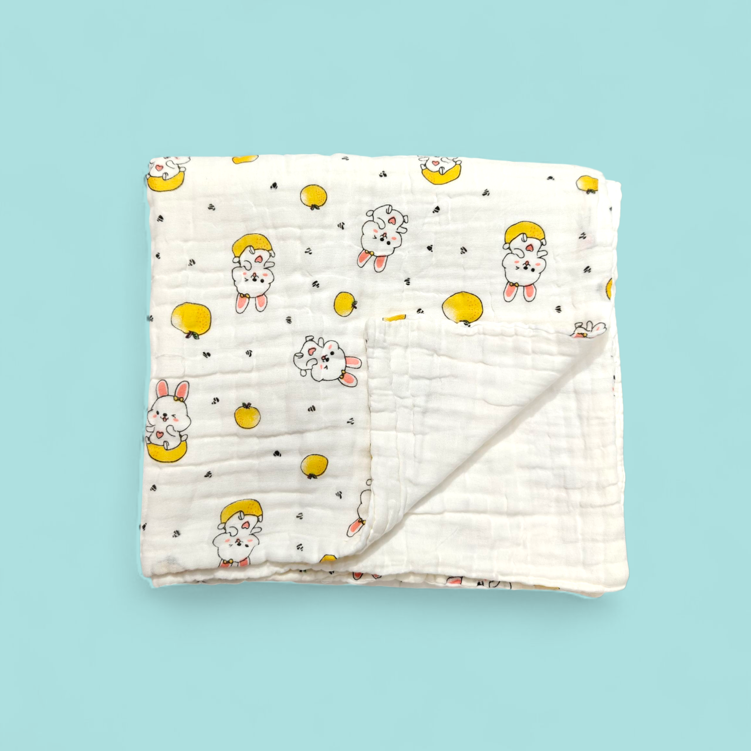 BUNNY PRINT DOUBLE LAYER MUSLIN TOWEL LARGE - WHITE & YELLOW