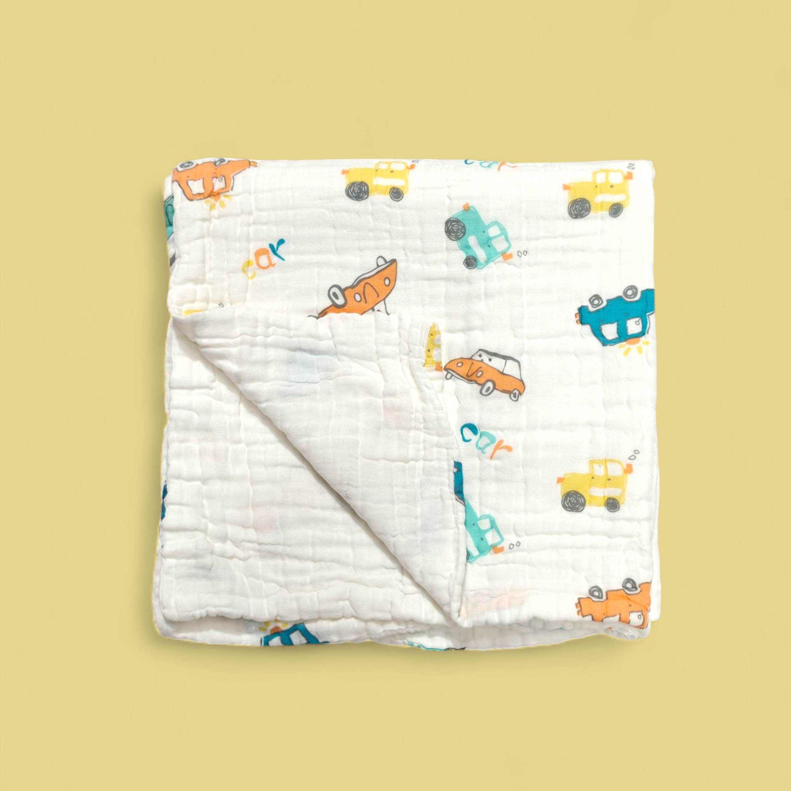 CARS PRINT DOUBLE LAYER MUSLIN TOWEL LARGE - WHITE & ORANGE