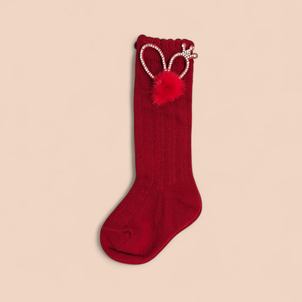 BEADED CROWN & POM POM APPLIQUE KNEE LENGTH SOCKS