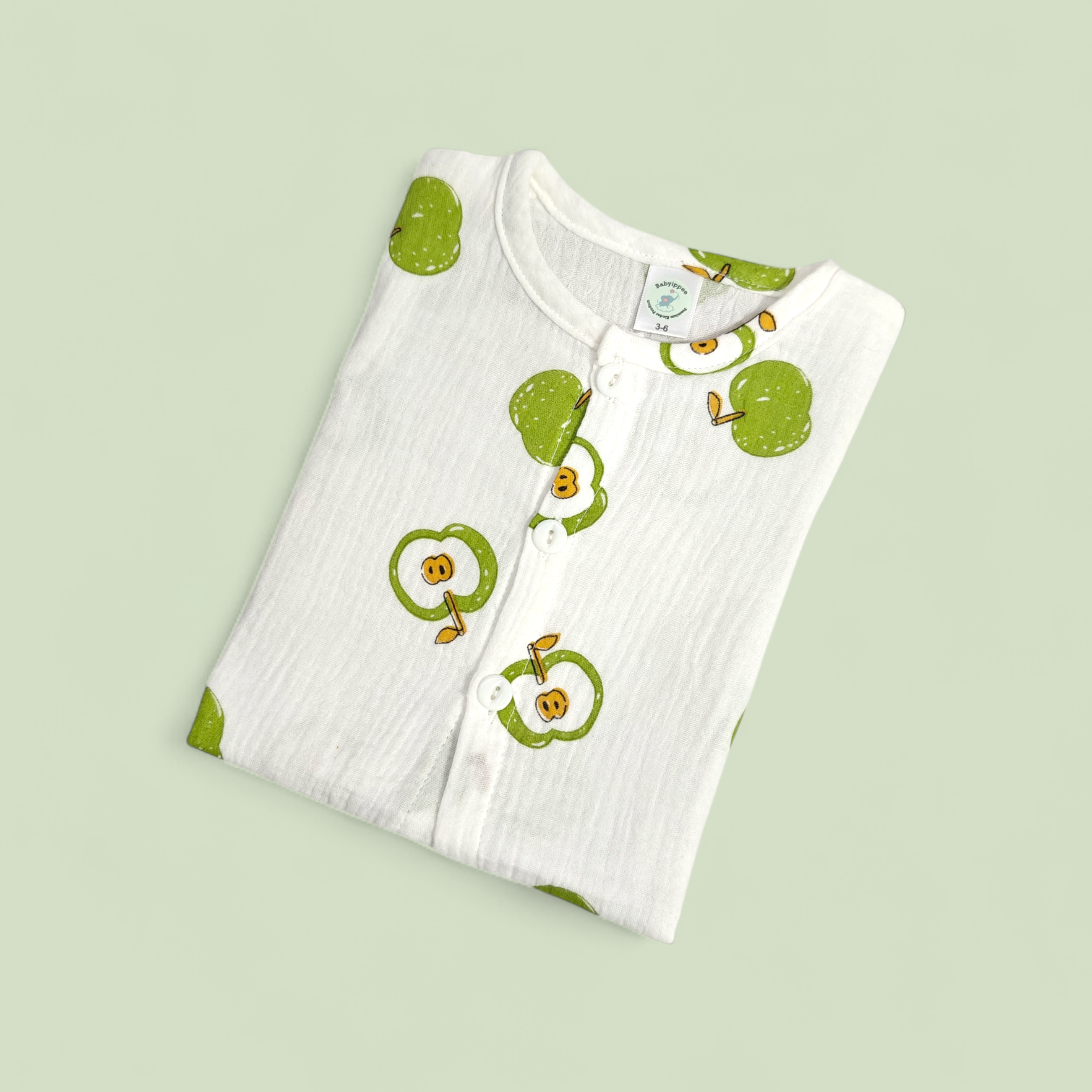 GREEN APPLE PRINT BUTTON-UP MUSLIN NIGHTSUIT - WHITE