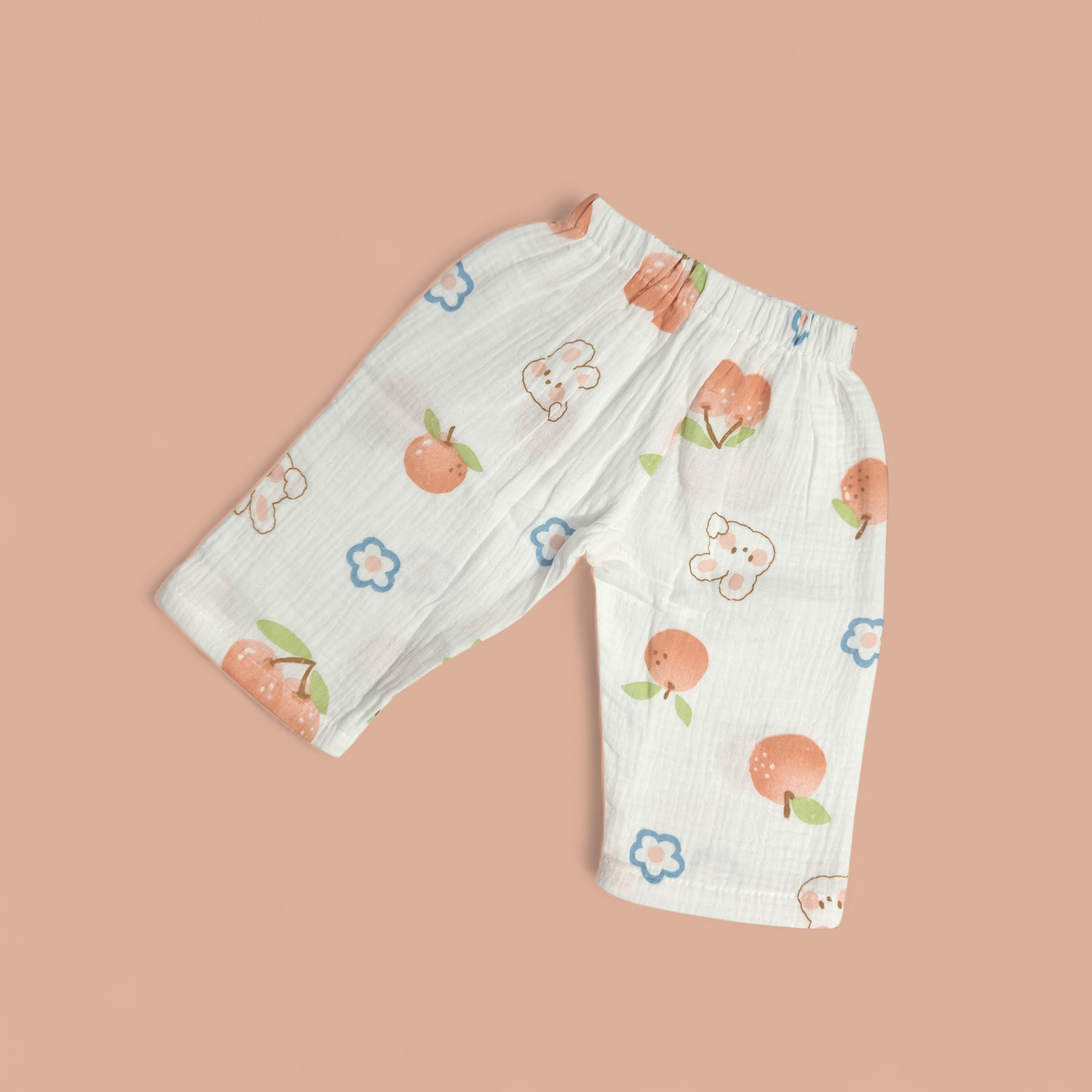 ORANGE & FLOWER PRINT BUTTON-UP MUSLIN NIGHTSUIT - WHITE