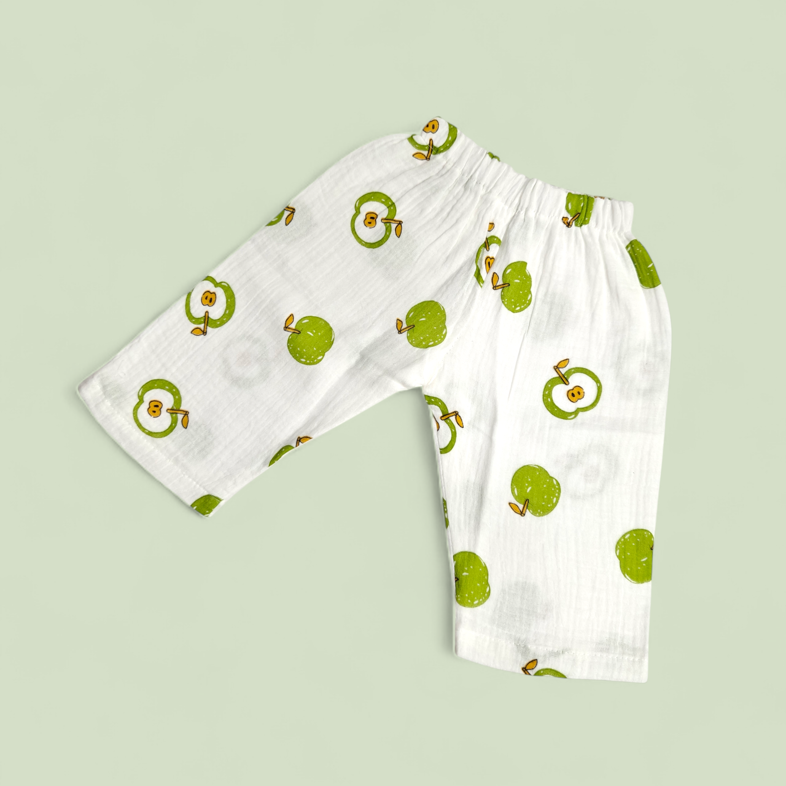 GREEN APPLE PRINT BUTTON-UP MUSLIN NIGHTSUIT - WHITE