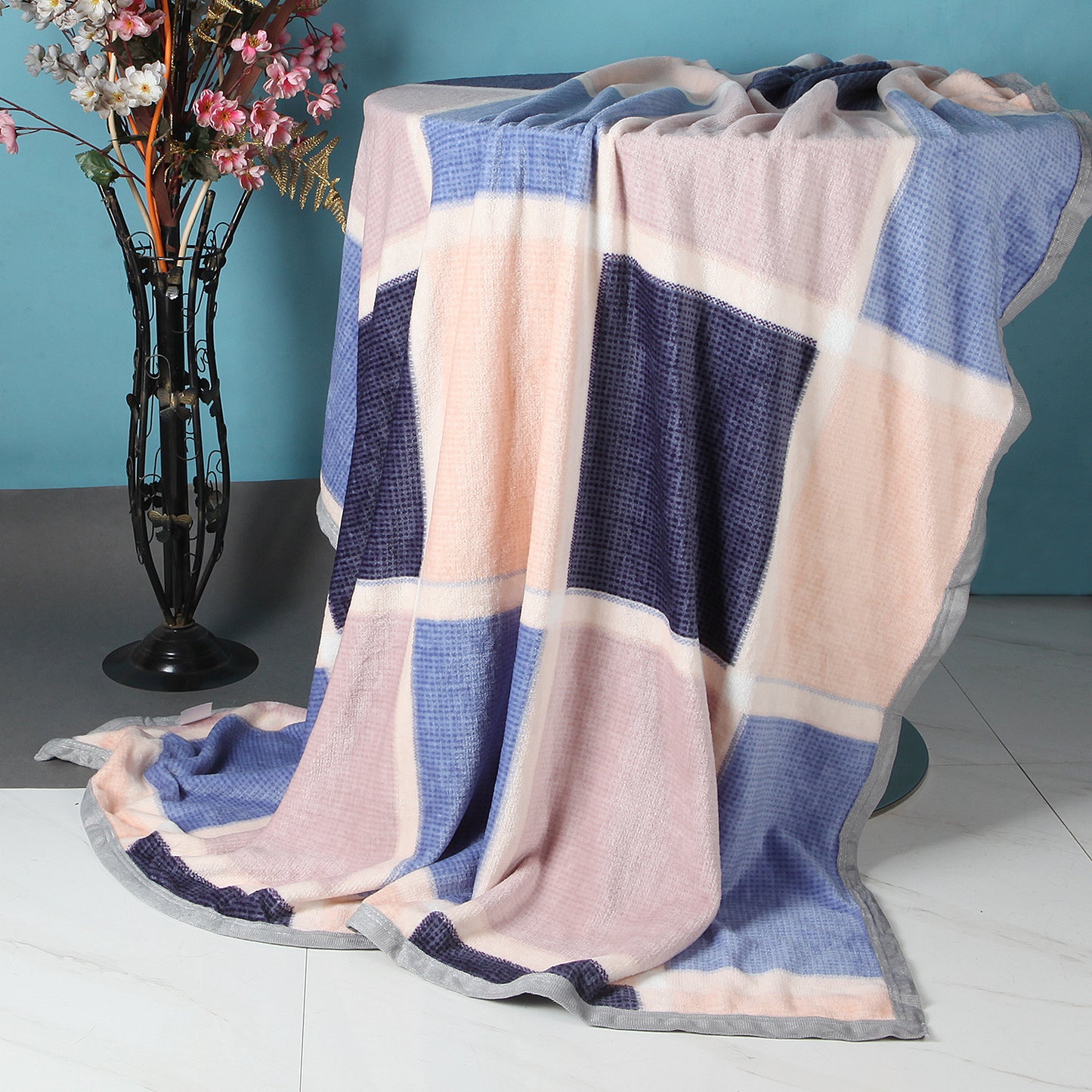 CHECKS DESIGN SINGLE BED BLANKET - PEACH & BLUE