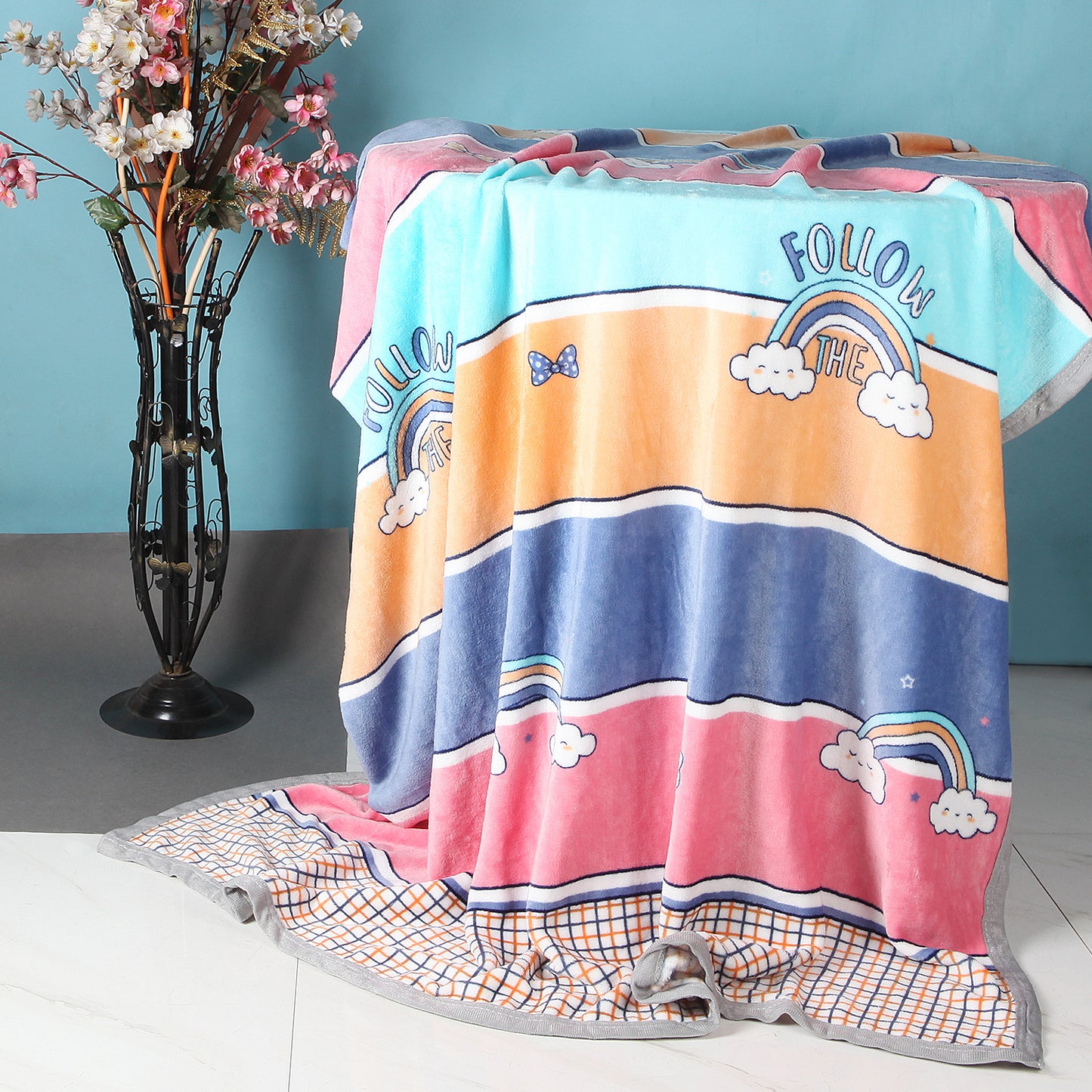 RAINBOW & CLOUD PRINTED SINGLE BED BLANKET - PINK