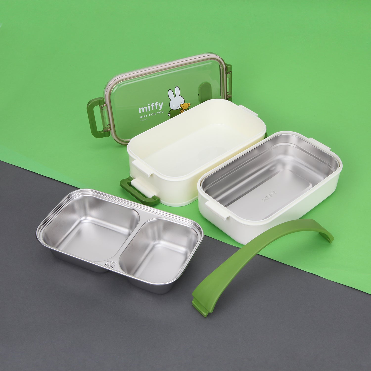 DOUBLE CONTAINER BUNNY RABBIT PRINT LUNCH BOX - GREEN