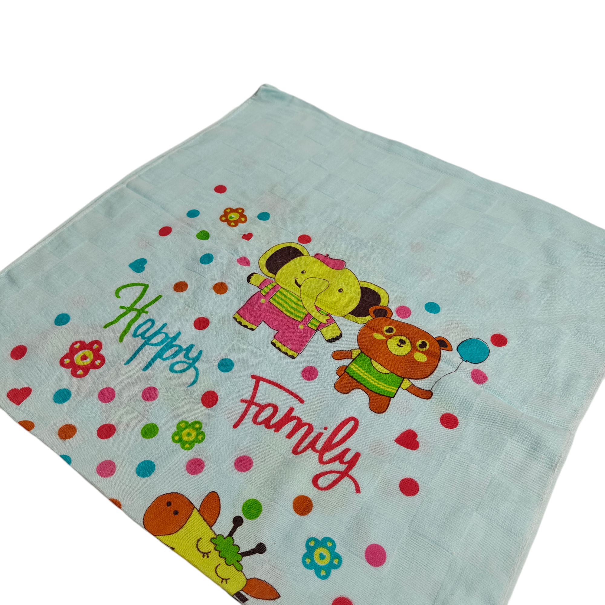 HAPPY FAMILY PRINT MUSLIN TOWEL MEDIUM - LIGHT BLUE