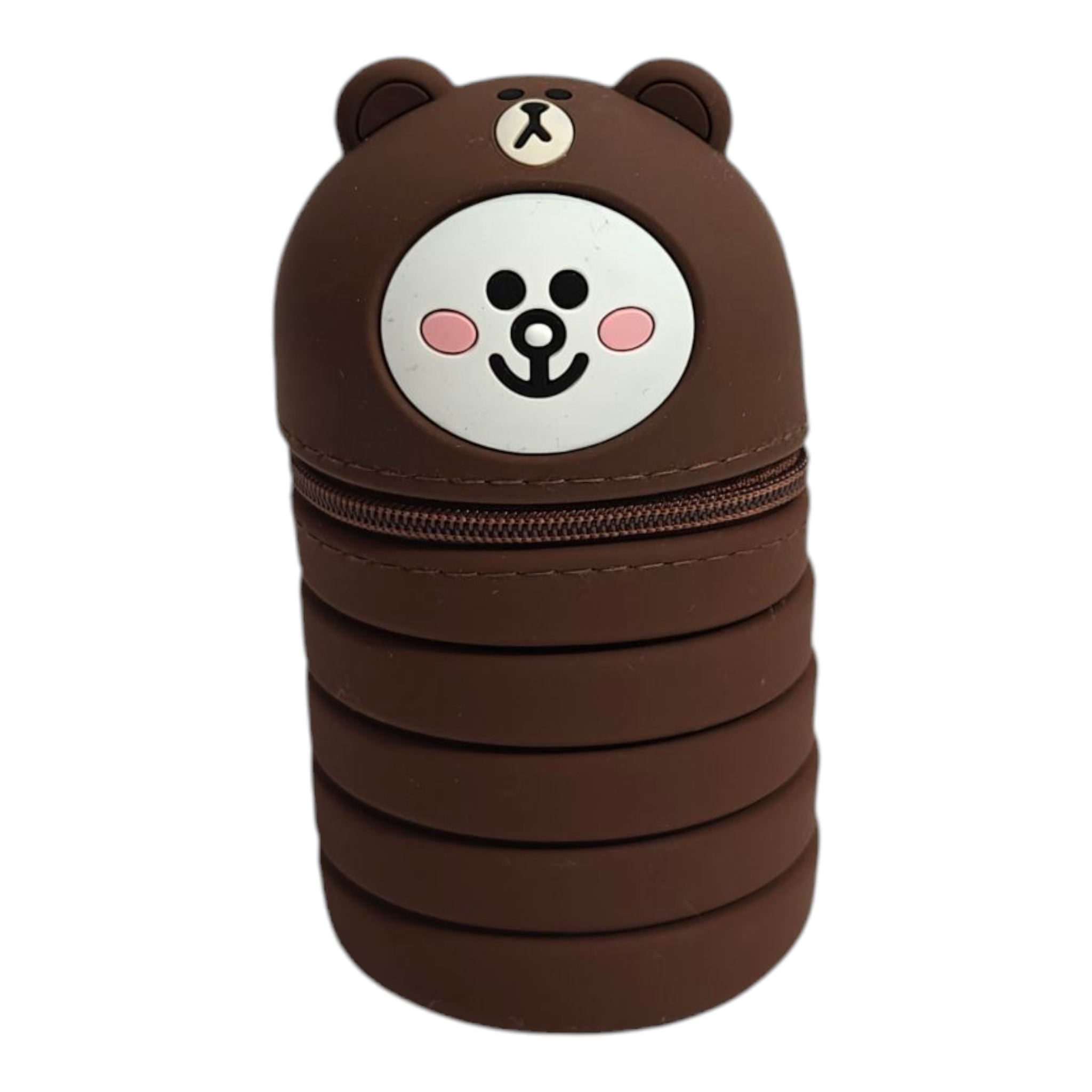 BEAR FACE EXPANDABLE SILICONE PENCIL POUCH - BROWN