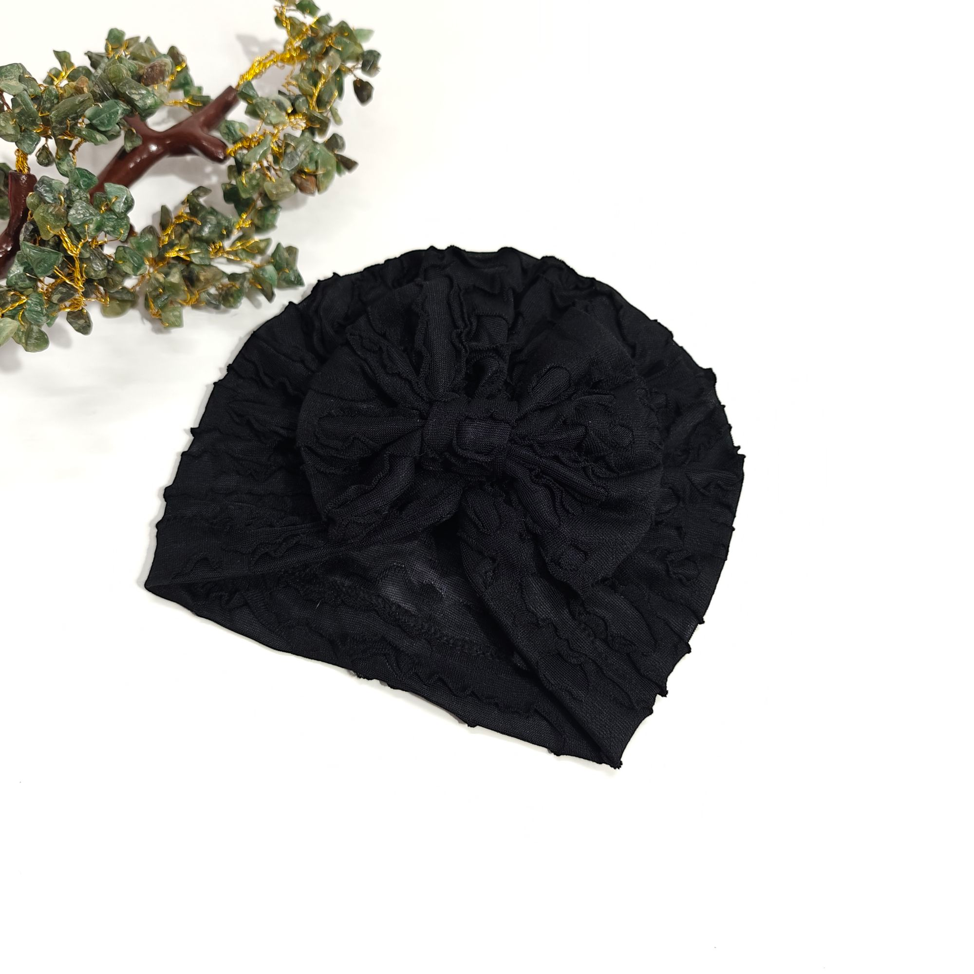 Swirl Textured Design Bow Applique Turban Cap