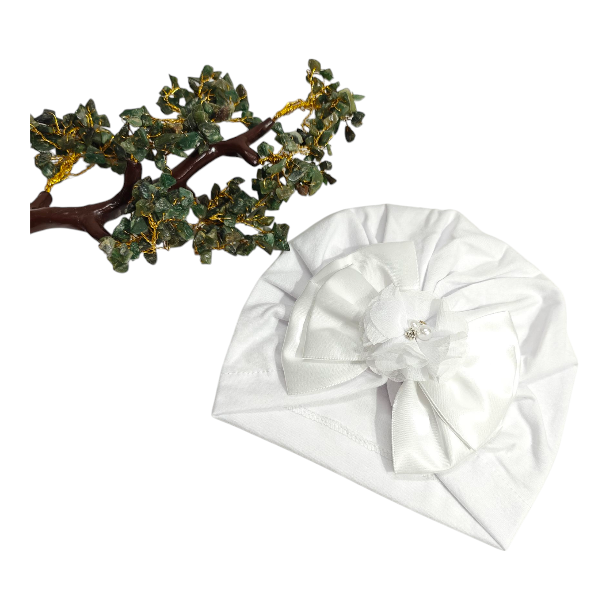 Satin Bow & Beaded Flower Applique Turban Cap
