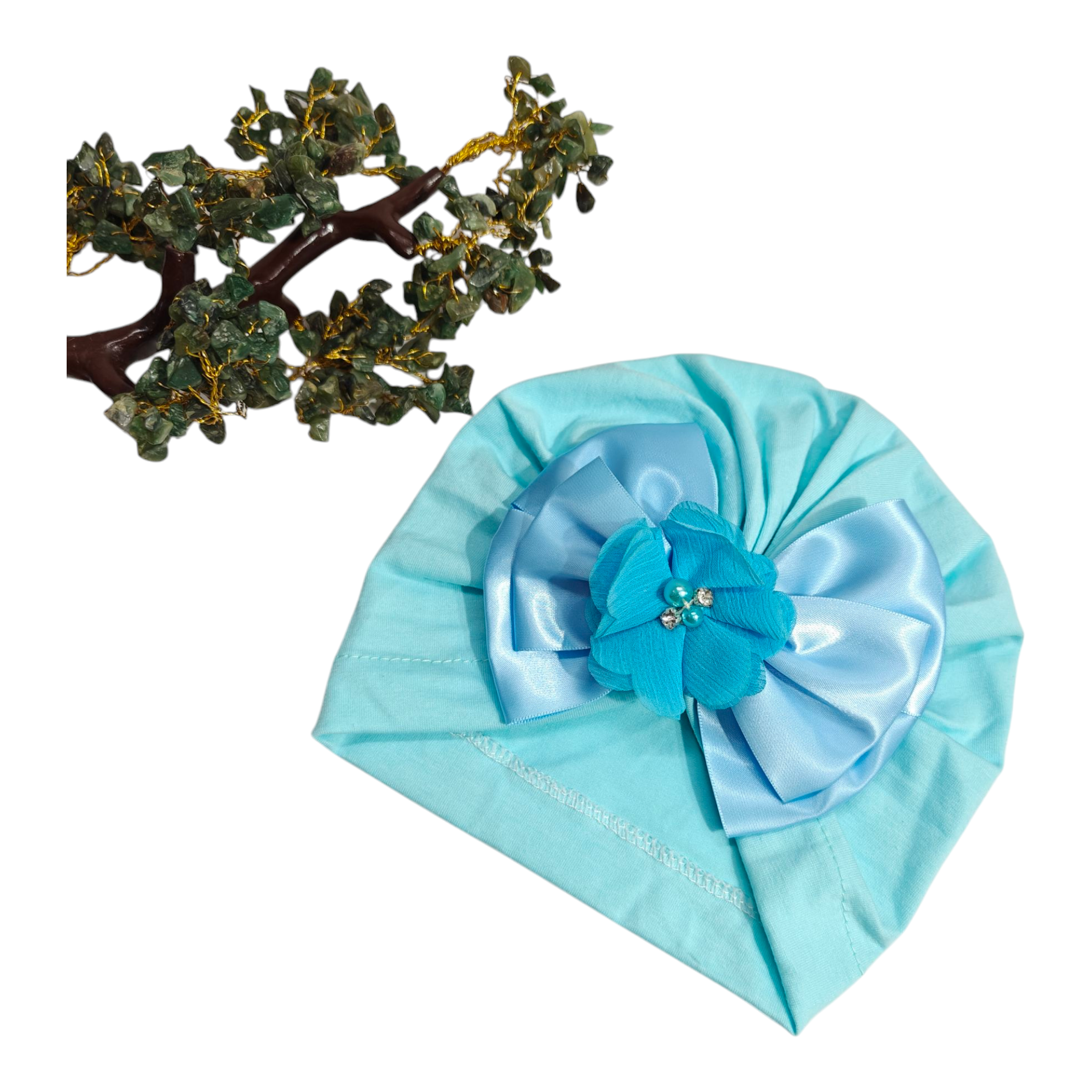 Satin Bow & Beaded Flower Applique Turban Cap