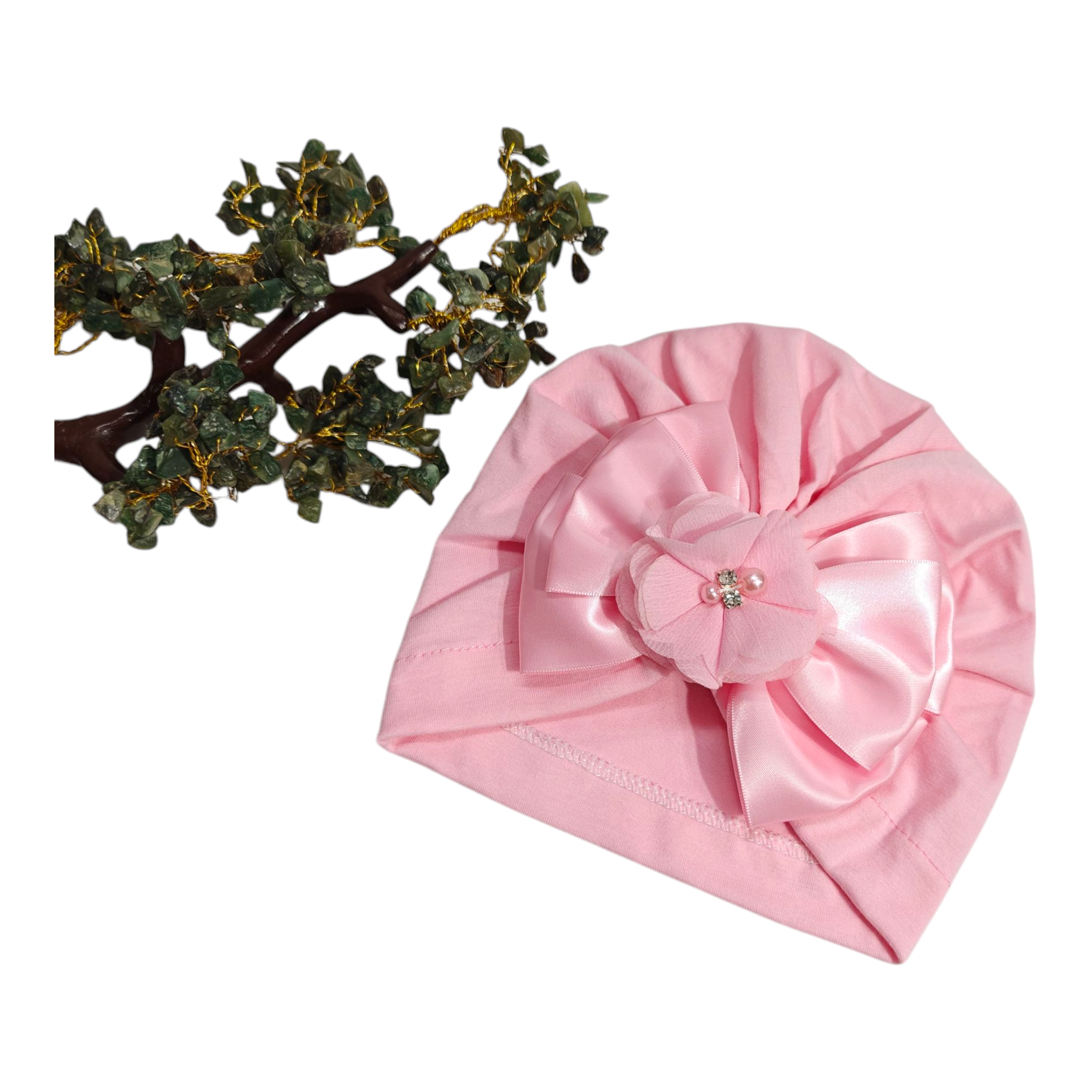 Satin Bow & Beaded Flower Applique Turban Cap