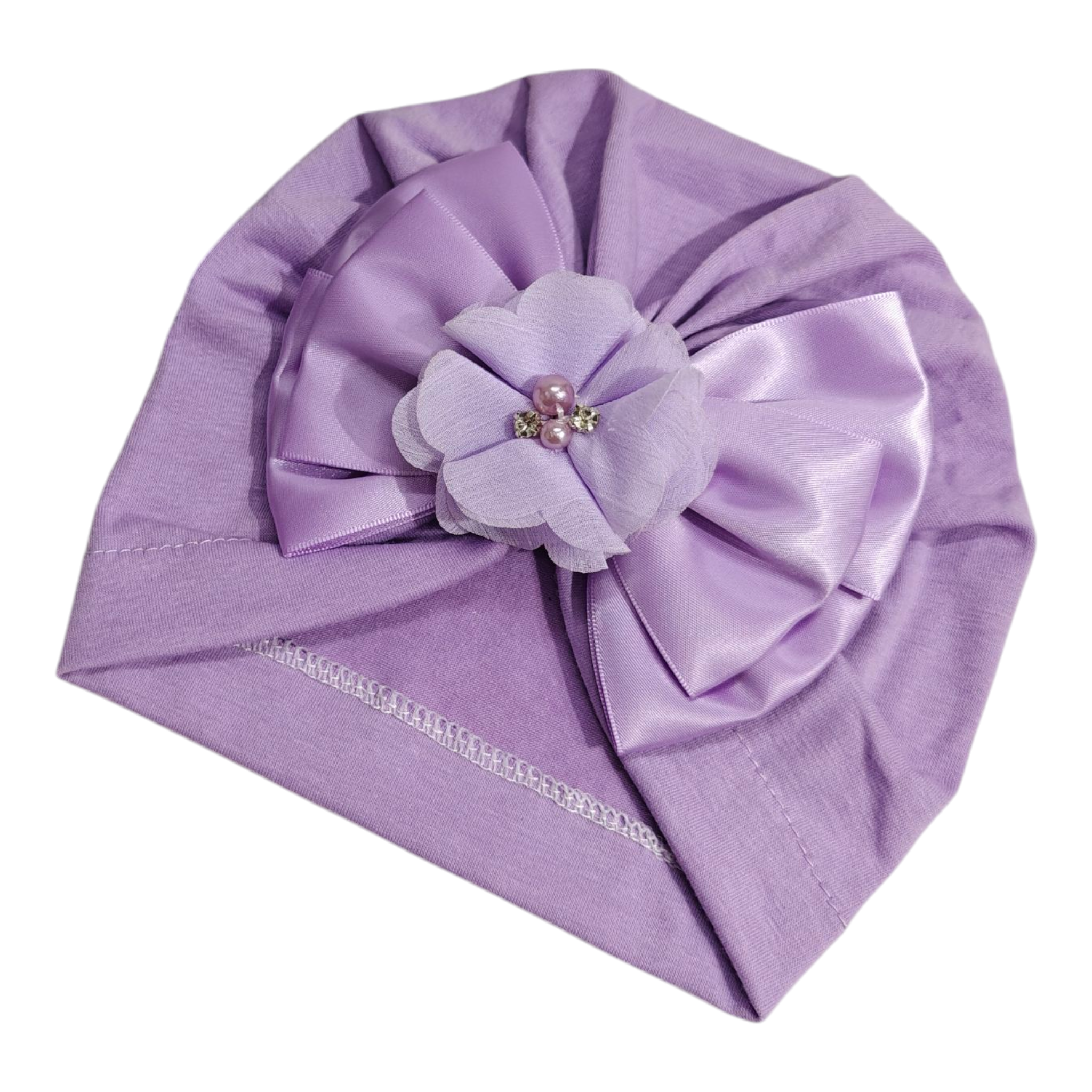 Satin Bow & Beaded Flower Applique Turban Cap