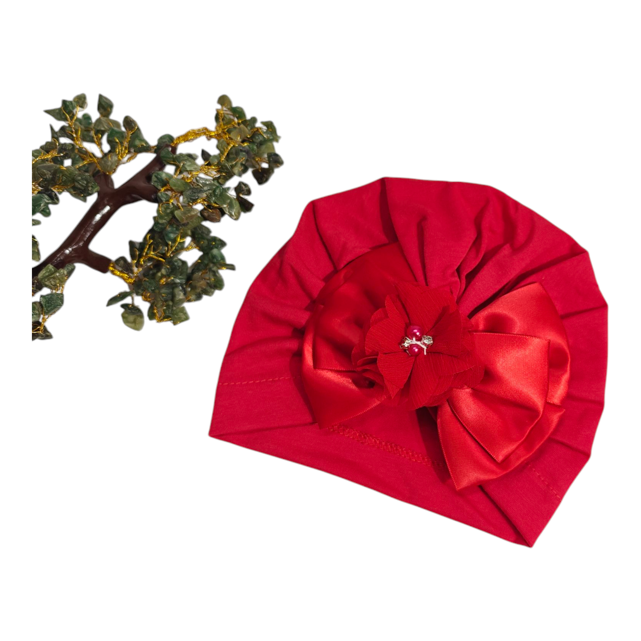 Satin Bow & Beaded Flower Applique Turban Cap