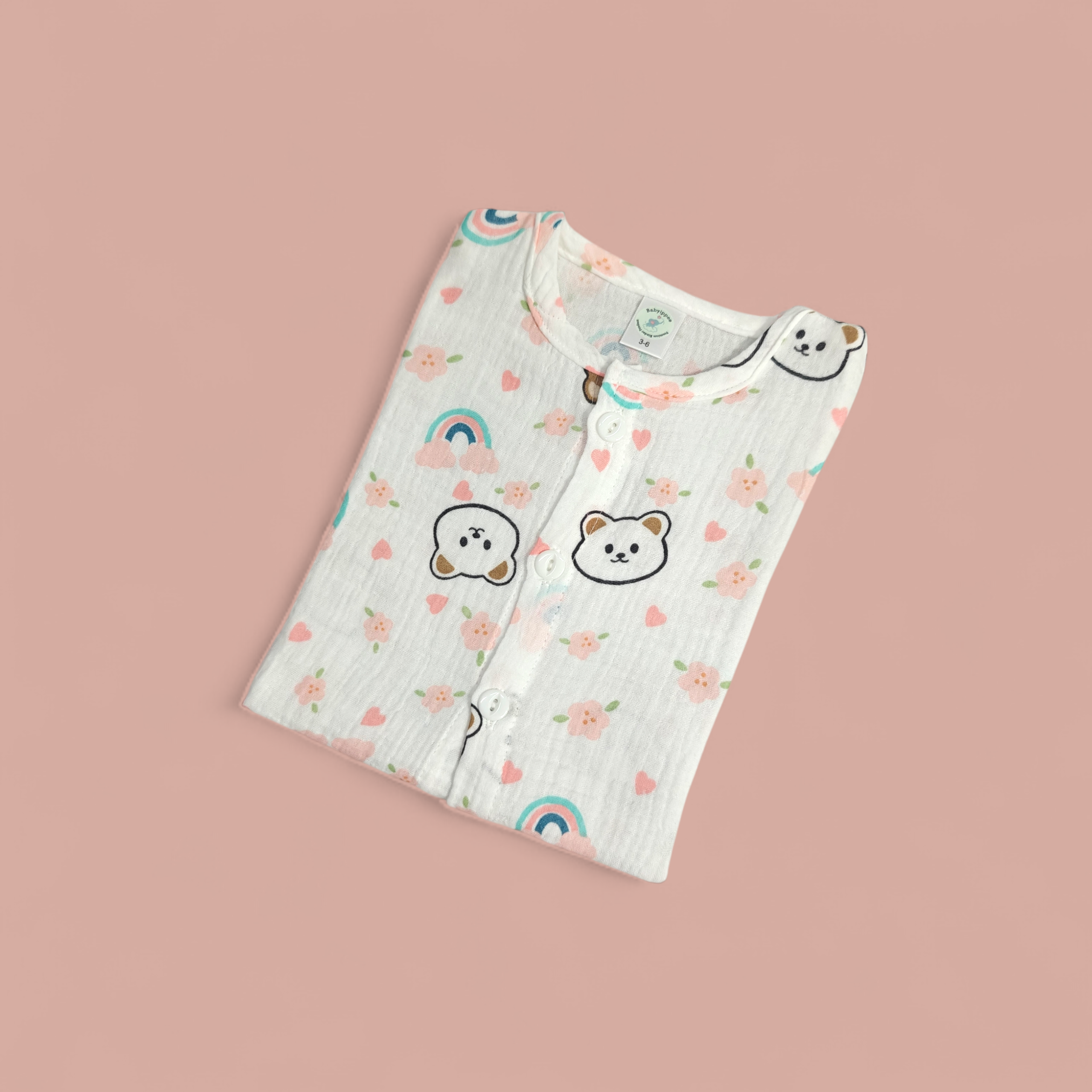 BEAR PRINT BUTTON-UP MUSLIN NIGHTSUIT - WHITE