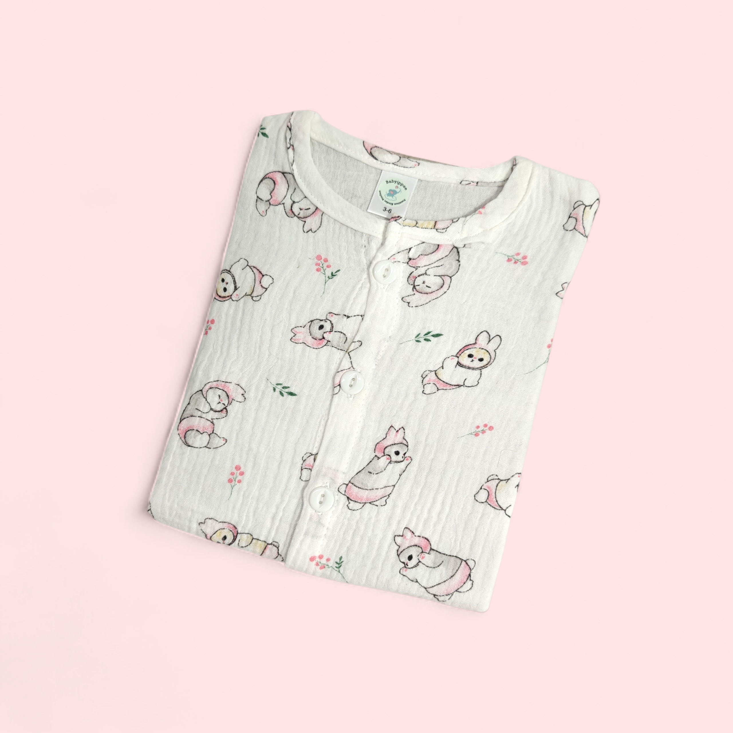 BUNNY BABY PRINT BUTTON-UP MUSLIN NIGHTSUIT - WHITE