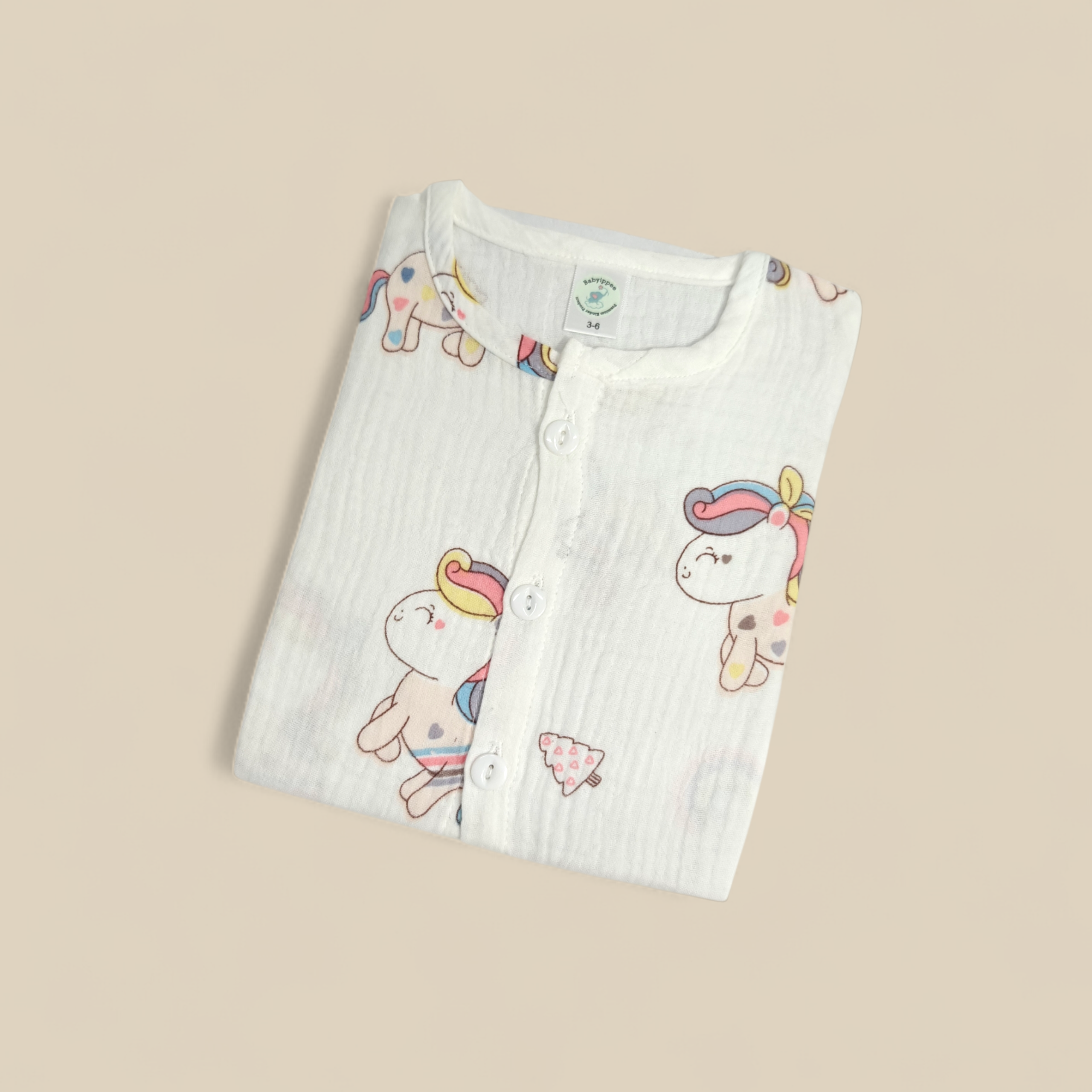 BABY UNICORN PRINT BUTTON-UP MUSLIN NIGHTSUIT - WHITE
