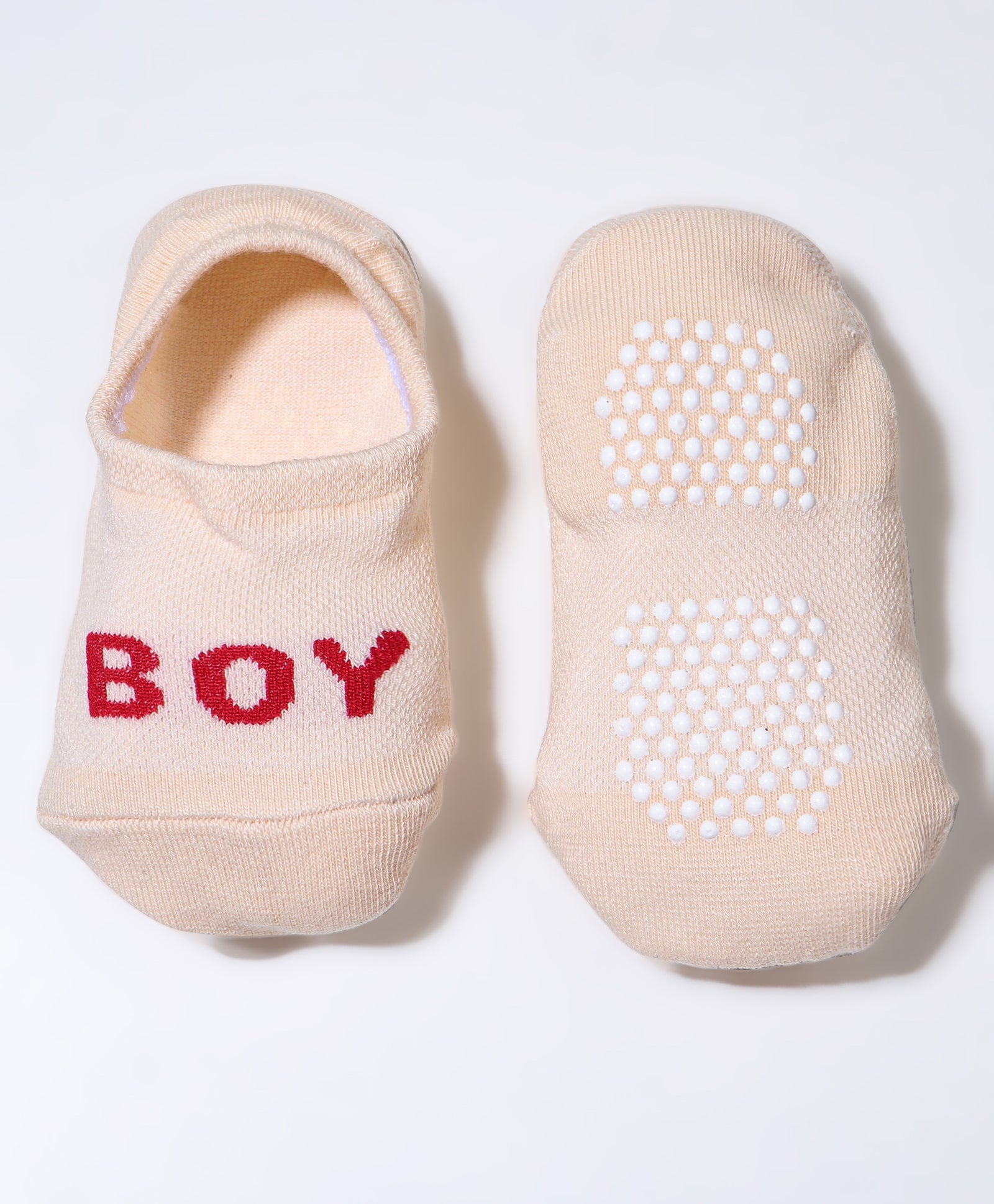 Pack of 2 Stripes & Boy Text Print Anti Skid Loafer Socks - Beige & Grey