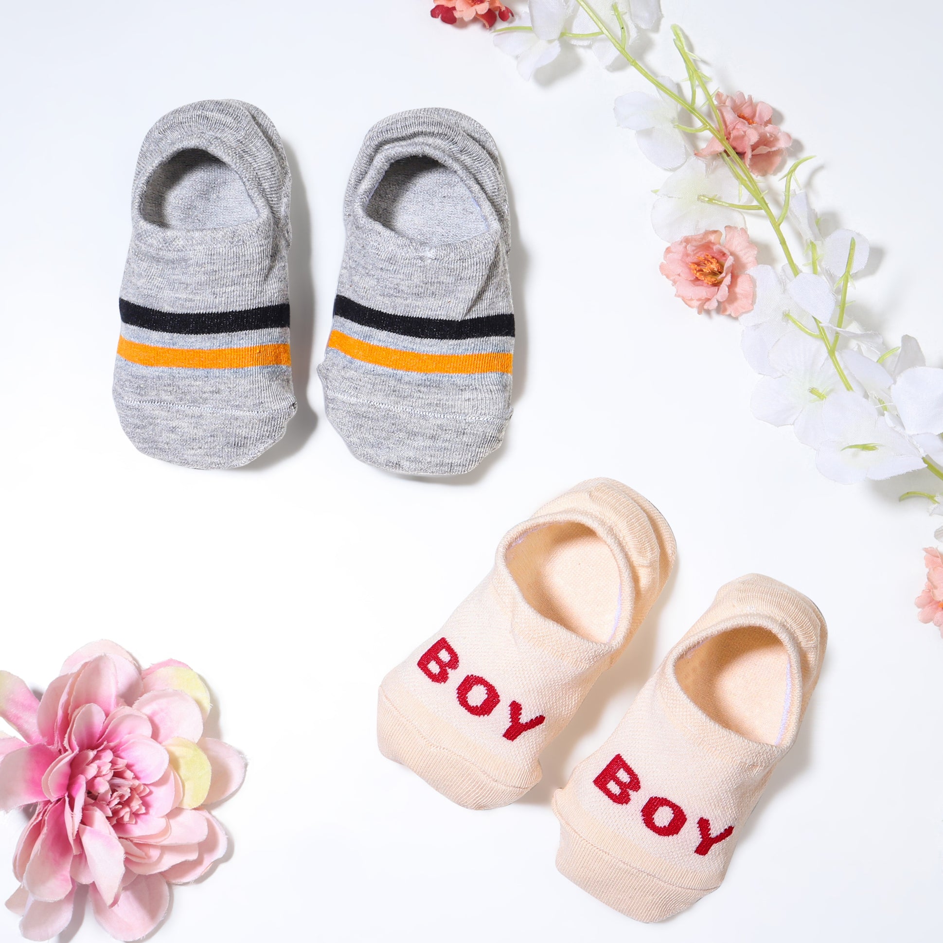 Pack of 2 Stripes & Boy Text Print Anti Skid Loafer Socks - Beige & Grey