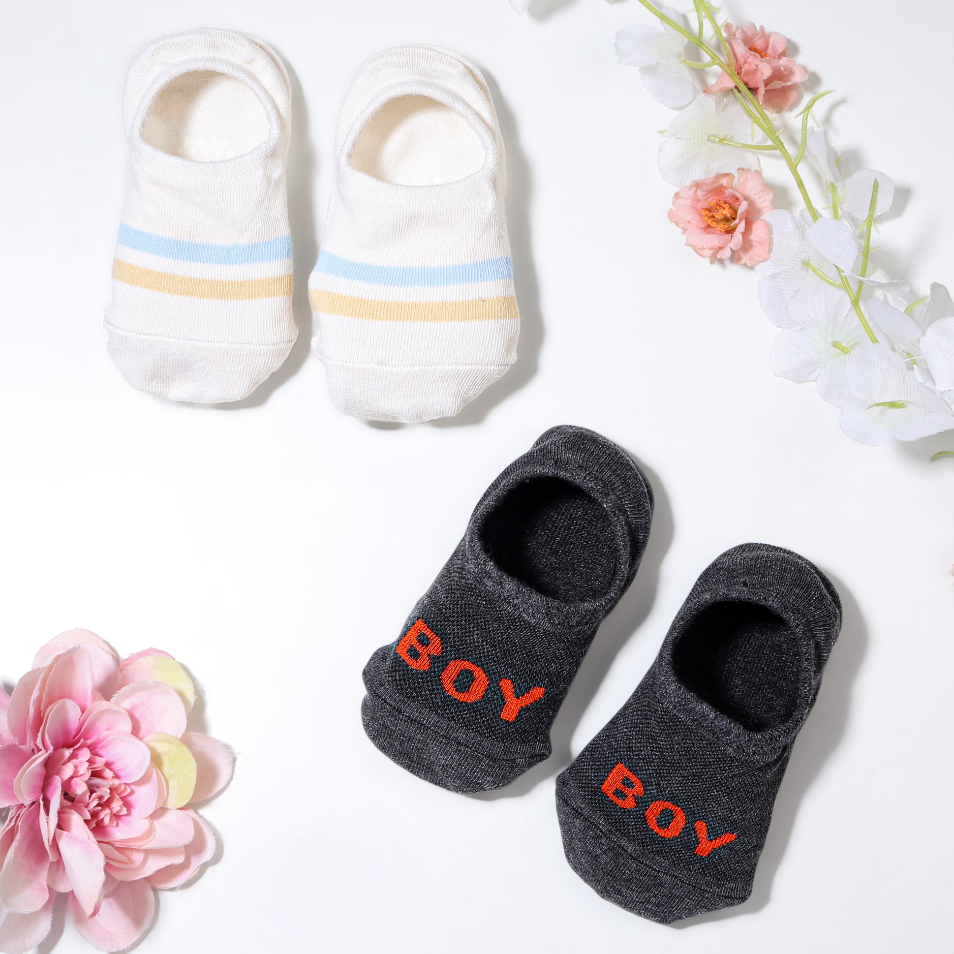 Pack of 2 Stripes & Boy Text Print Anti Skid Loafer Socks - White & Grey